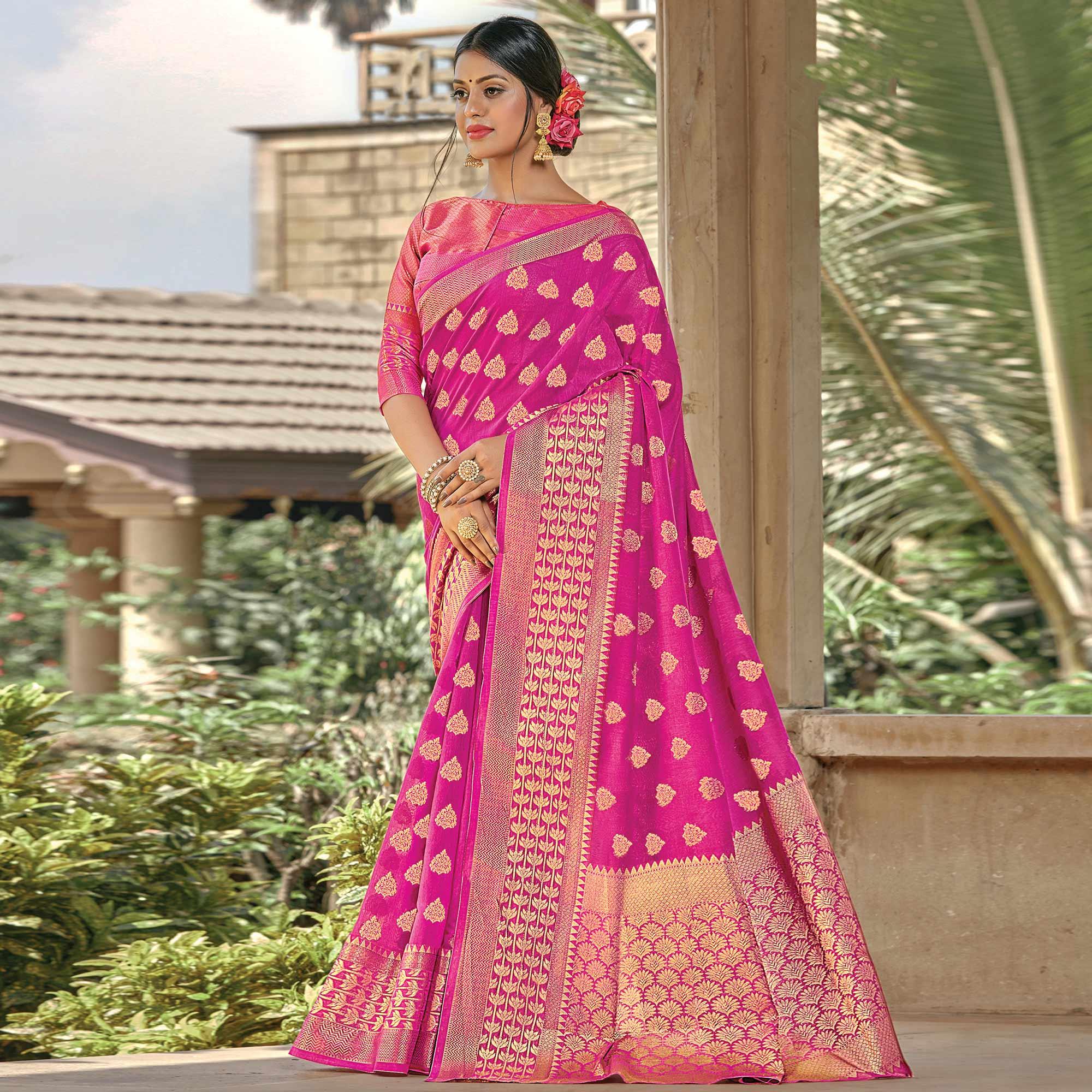Refreshing Purple Colored Festive Wear Woven Handloom Cotton Saree - Peachmode