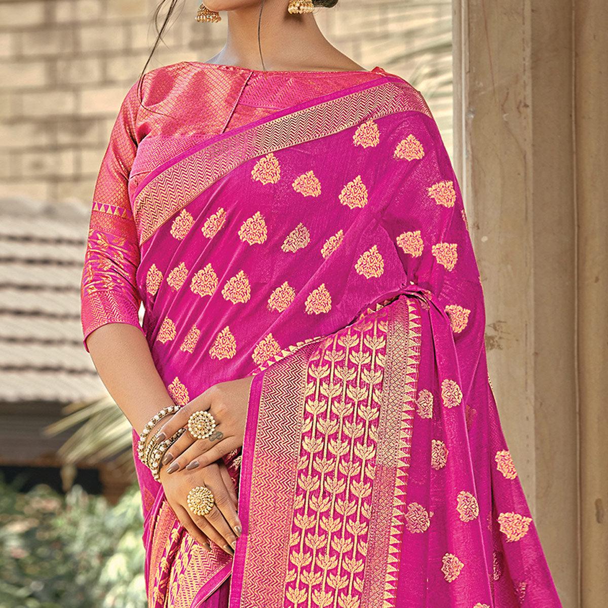 Refreshing Purple Colored Festive Wear Woven Handloom Cotton Saree - Peachmode