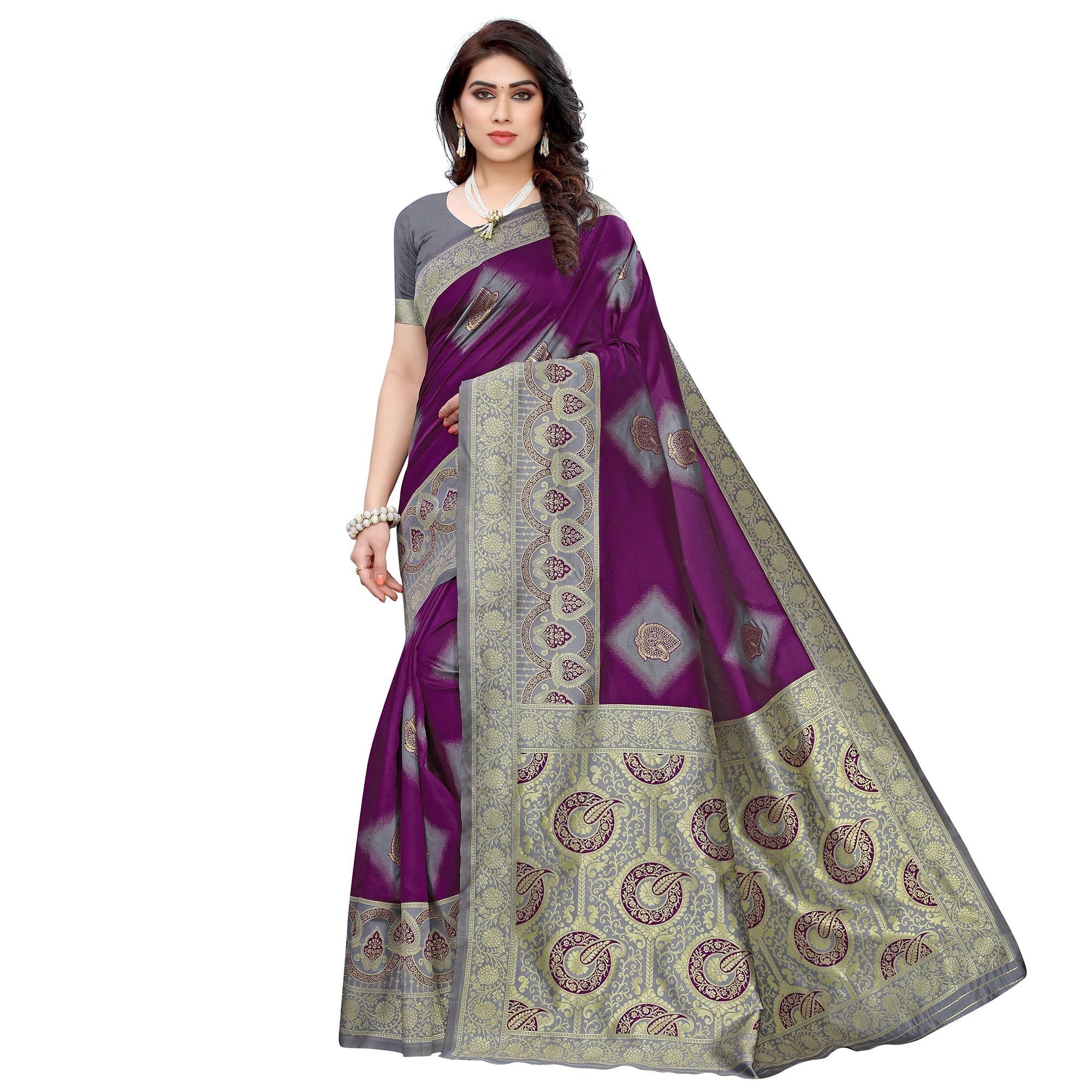 Refreshing Purple - Grey Colored Festive Wear Woven Jacquard Saree - Peachmode