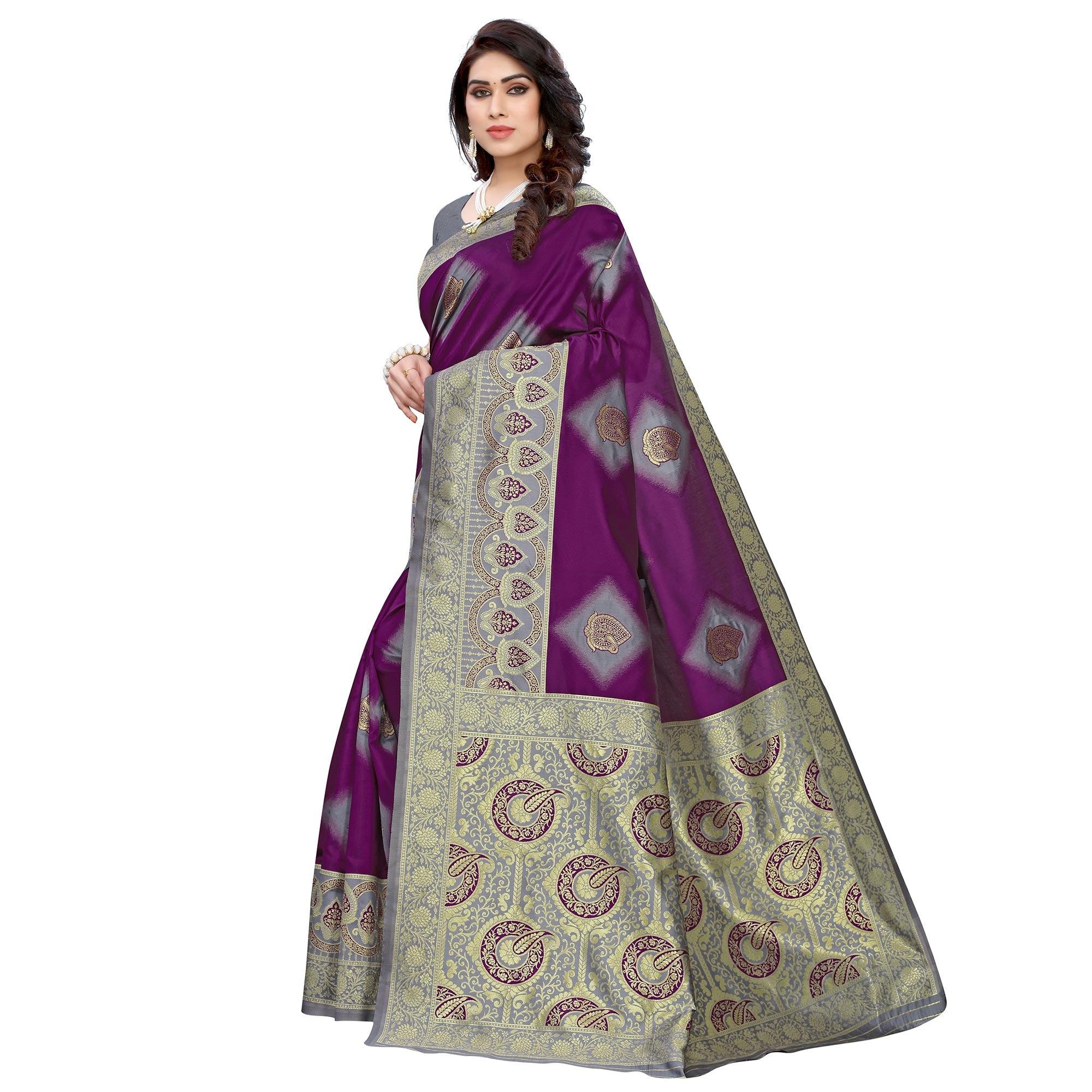 Refreshing Purple - Grey Colored Festive Wear Woven Jacquard Saree - Peachmode