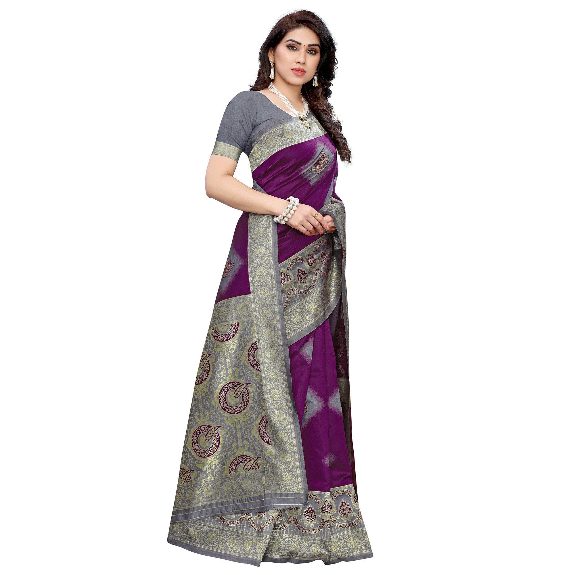Refreshing Purple - Grey Colored Festive Wear Woven Jacquard Saree - Peachmode