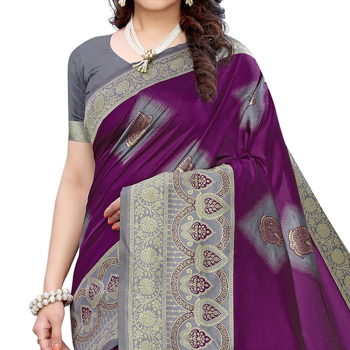 Refreshing Purple - Grey Colored Festive Wear Woven Jacquard Saree - Peachmode