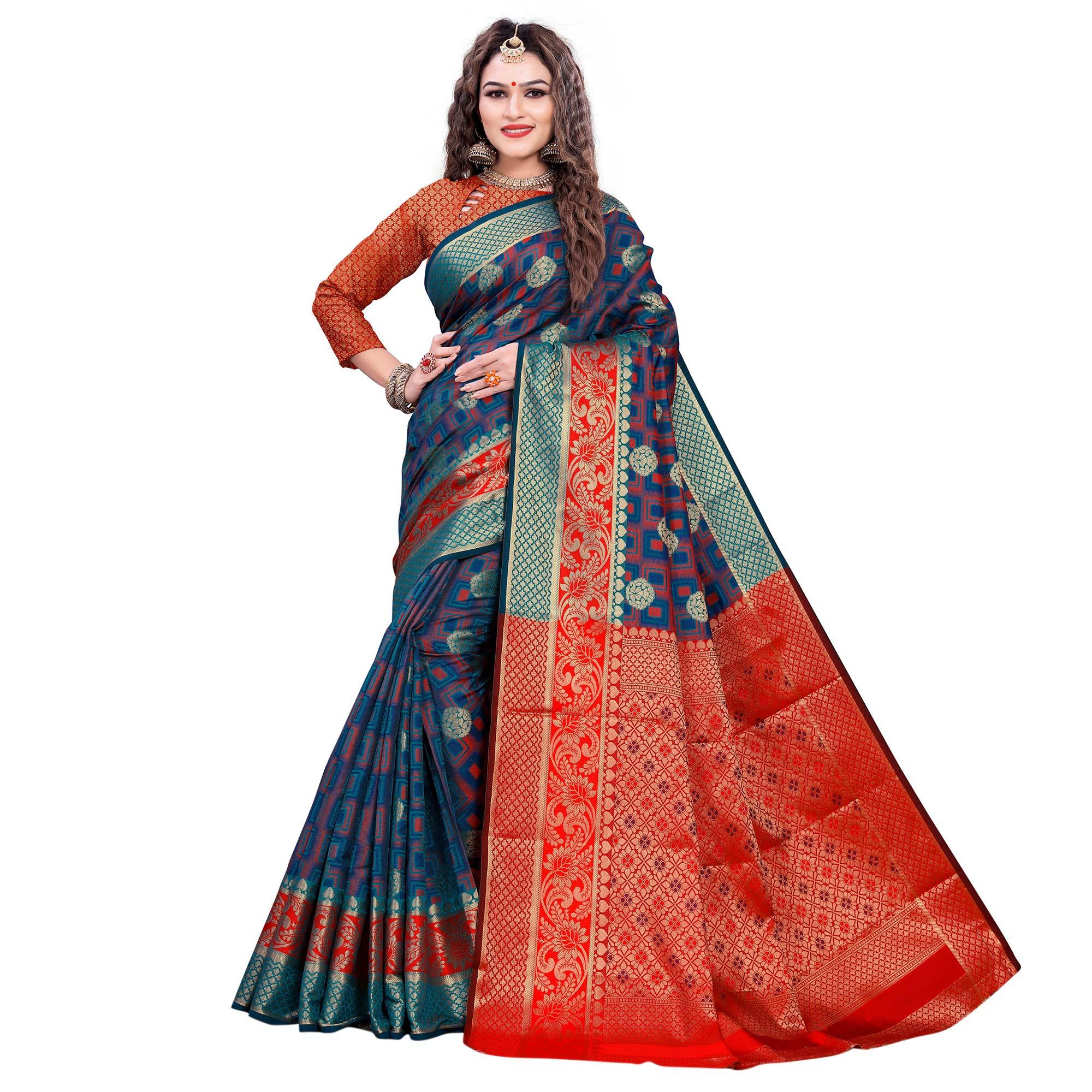 Refreshing Rama Blue-Red Colored Festive Wear Woven Cotton Silk Jacquard Saree - Peachmode