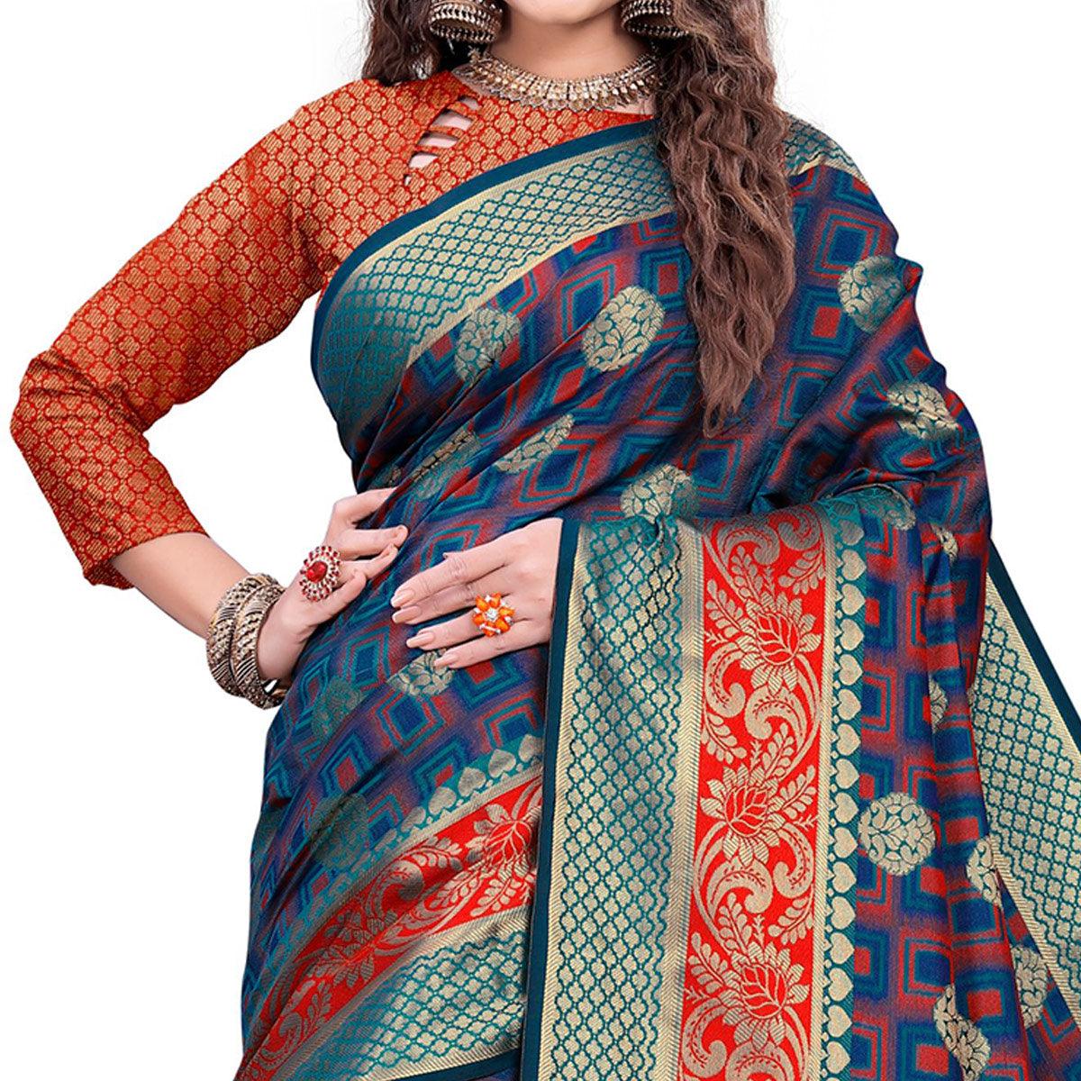 Refreshing Rama Blue-Red Colored Festive Wear Woven Cotton Silk Jacquard Saree - Peachmode