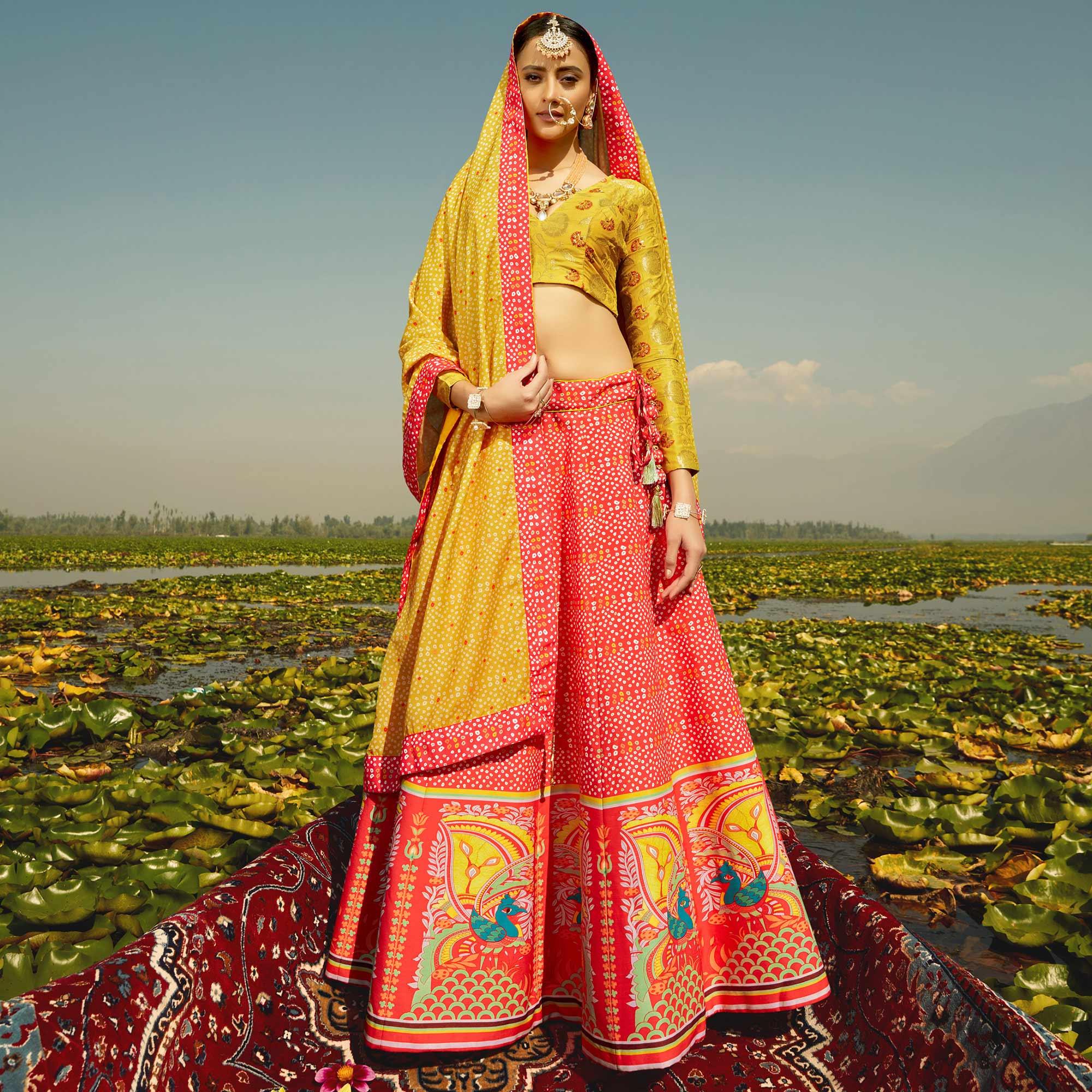Refreshing Red & Orange Coloured Wedding Wear Designer Stone Work Heavy Silk Lehenga Choli - Peachmode