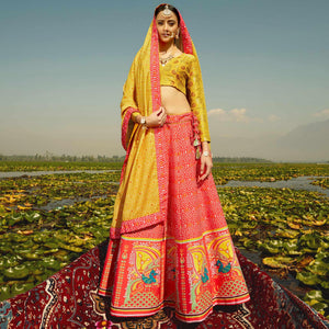 Refreshing Red & Orange Coloured Wedding Wear Designer Stone Work Heavy Silk Lehenga Choli - Peachmode