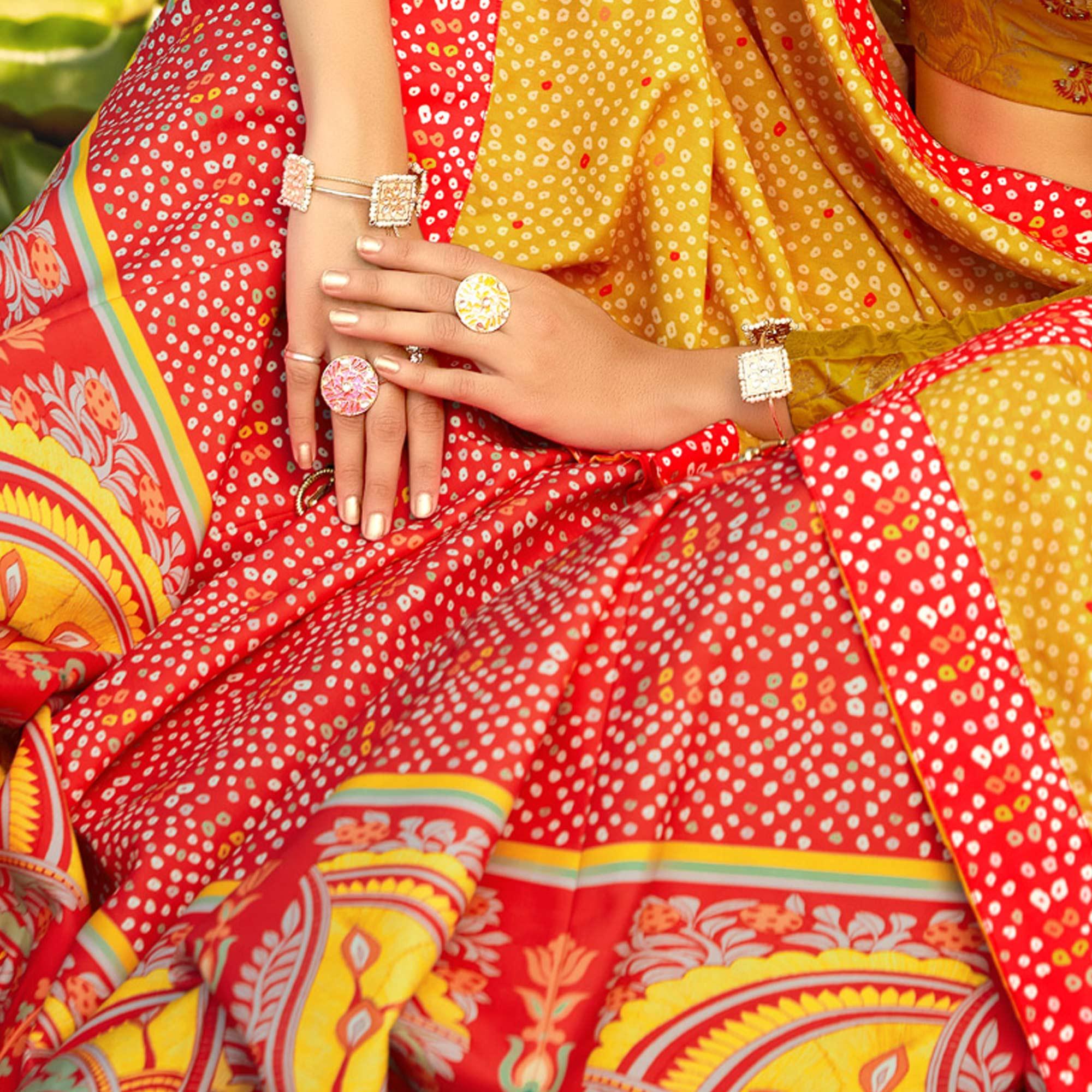 Refreshing Red & Orange Coloured Wedding Wear Designer Stone Work Heavy Silk Lehenga Choli - Peachmode