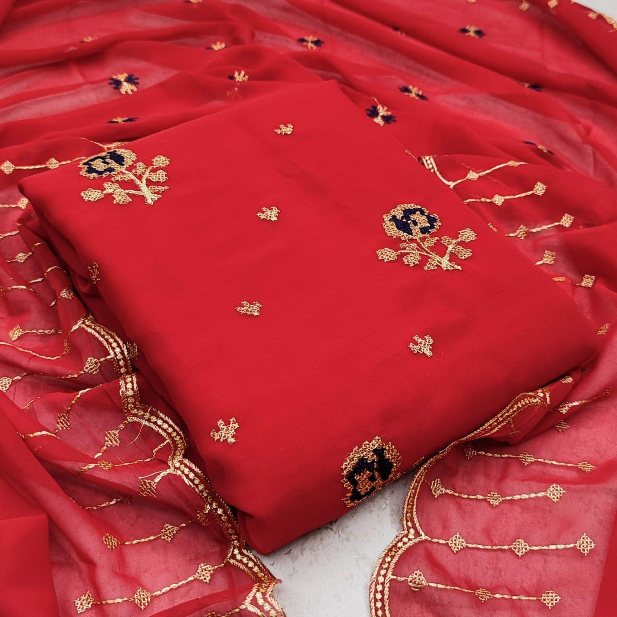 Refreshing Red Colored Casual Wear Embroidered Georgette Dress Material - Peachmode