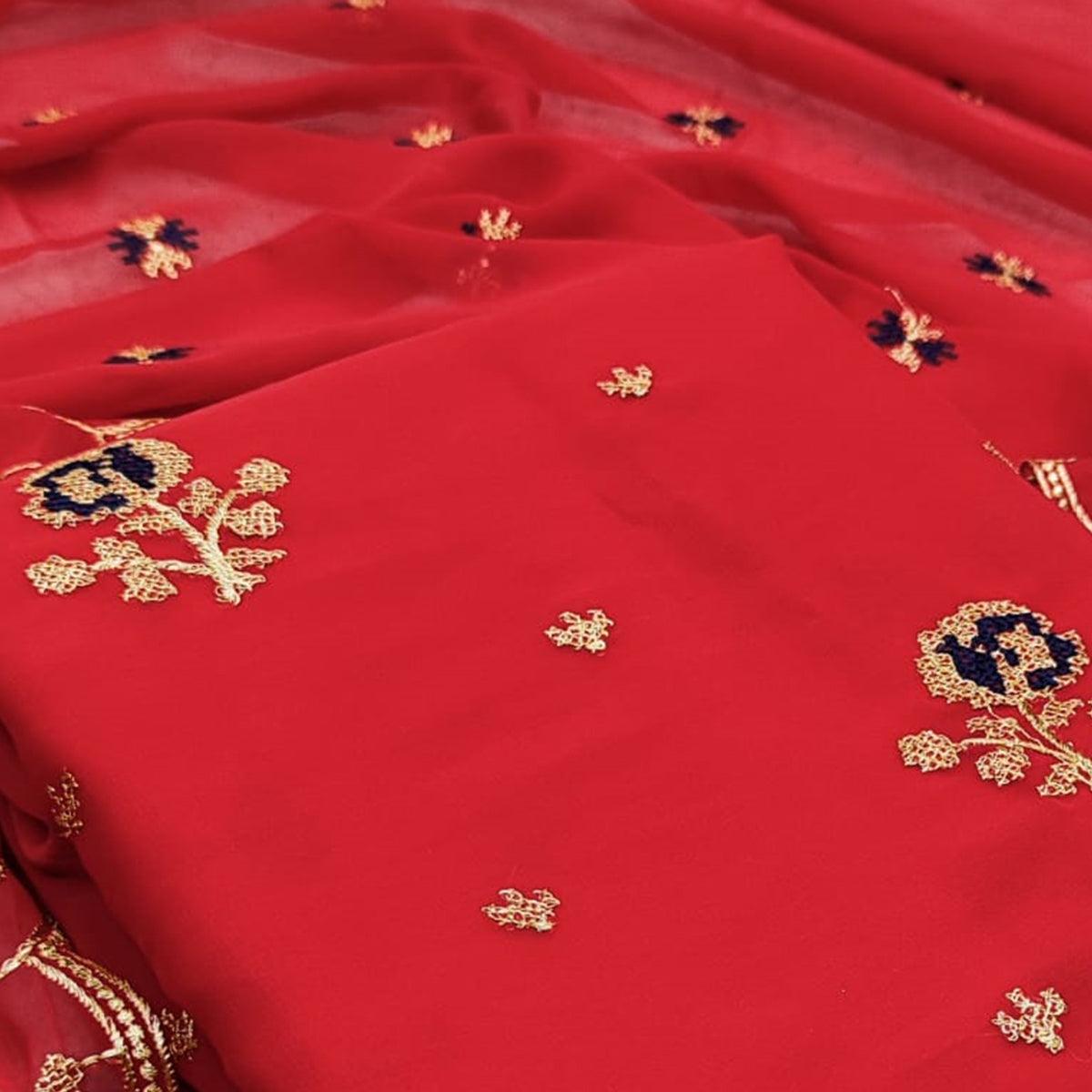 Refreshing Red Colored Casual Wear Embroidered Georgette Dress Material - Peachmode