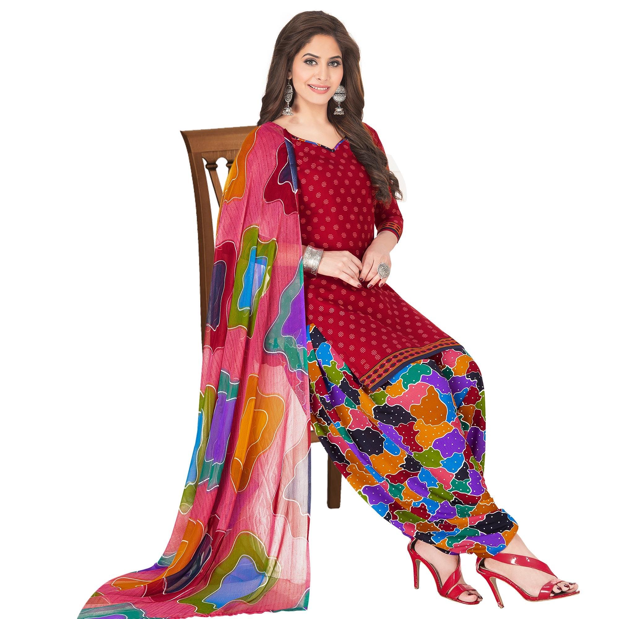 Refreshing Red Colored Casual Wear Printed Crepe Patiala Dress Material - Peachmode
