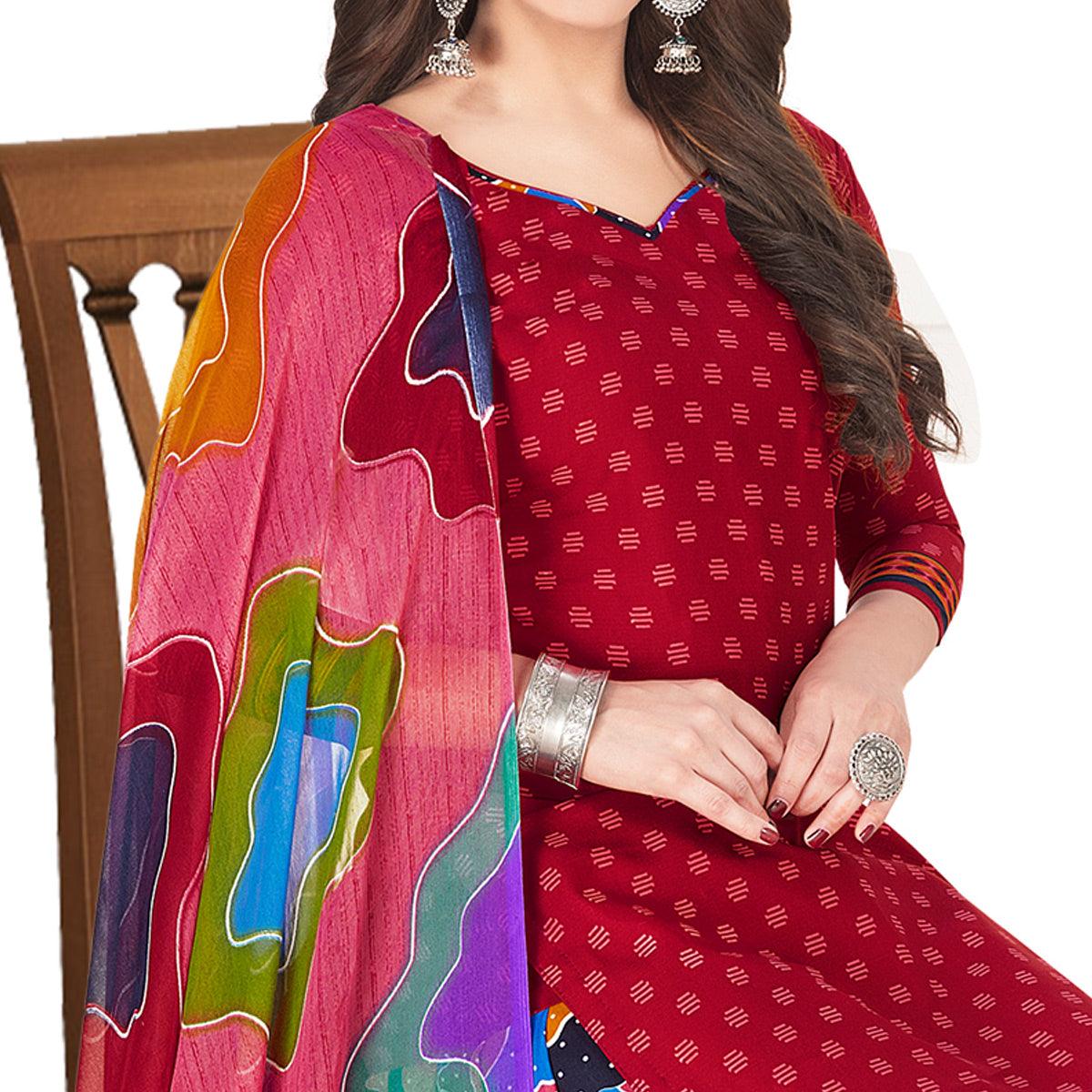 Refreshing Red Colored Casual Wear Printed Crepe Patiala Dress Material - Peachmode