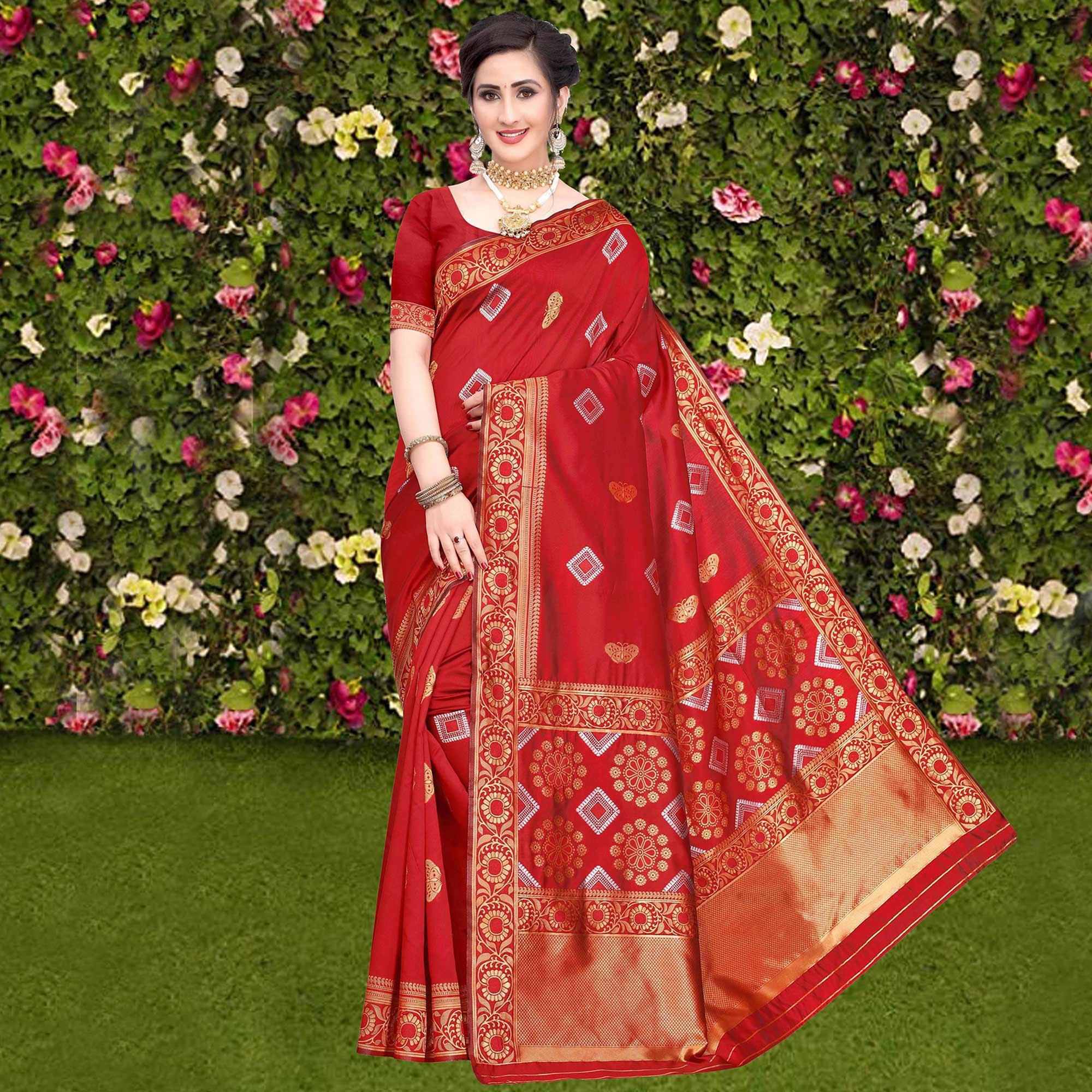 Refreshing Red Colored Festive Wear Woven Banarasi Silk Saree - Peachmode