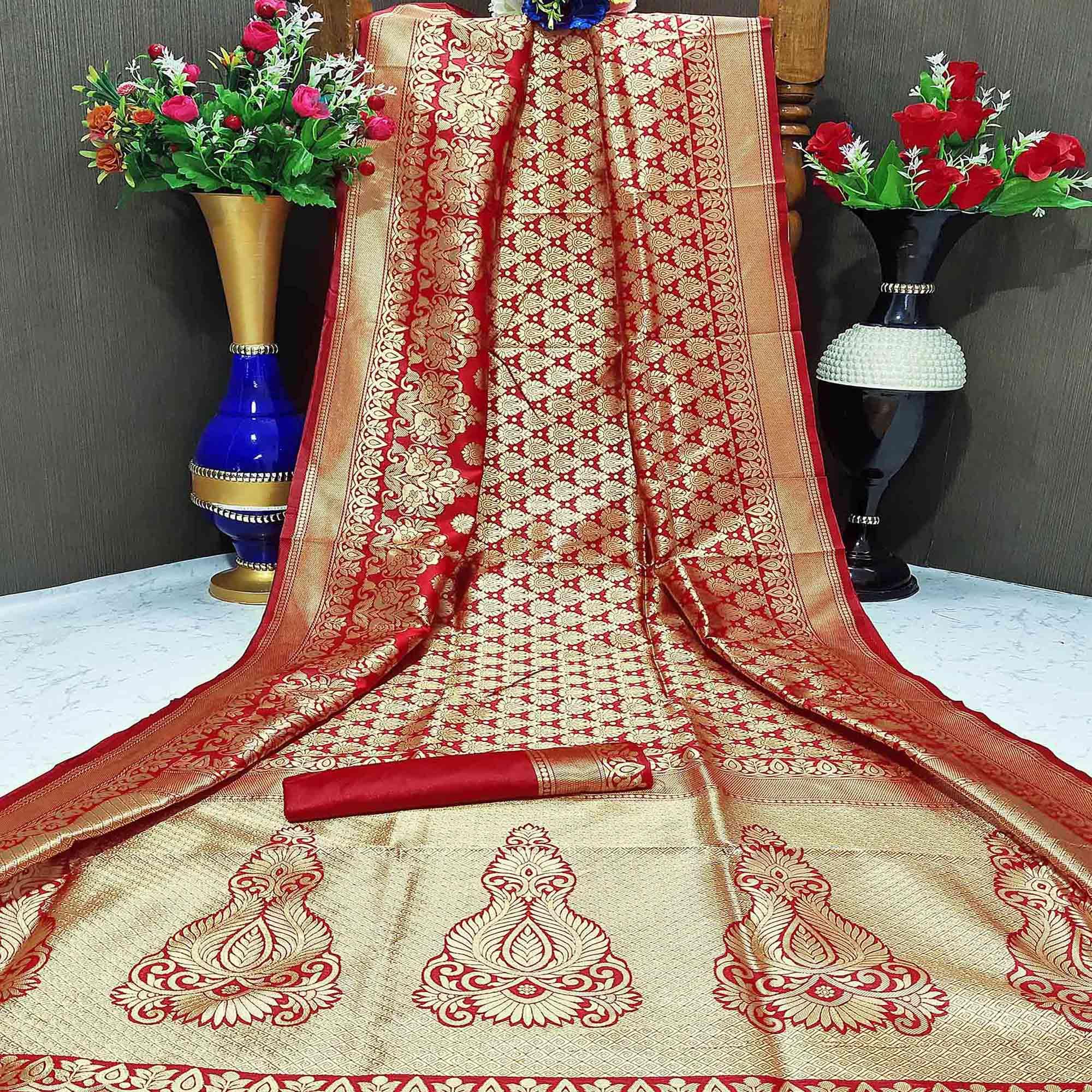 Refreshing Red Colored Festive Wear Woven Heavy Banarasi Silk Saree - Peachmode
