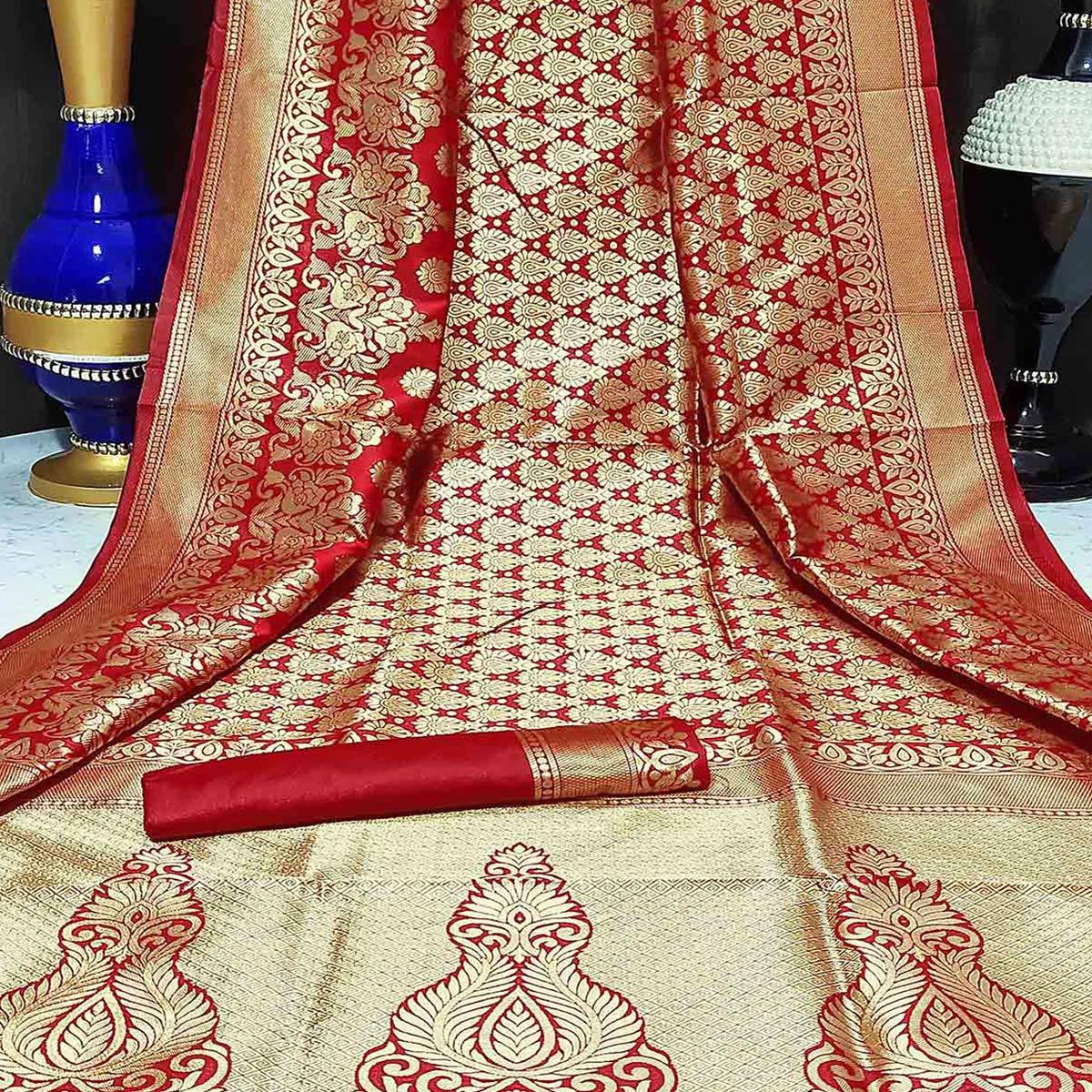 Refreshing Red Colored Festive Wear Woven Heavy Banarasi Silk Saree - Peachmode