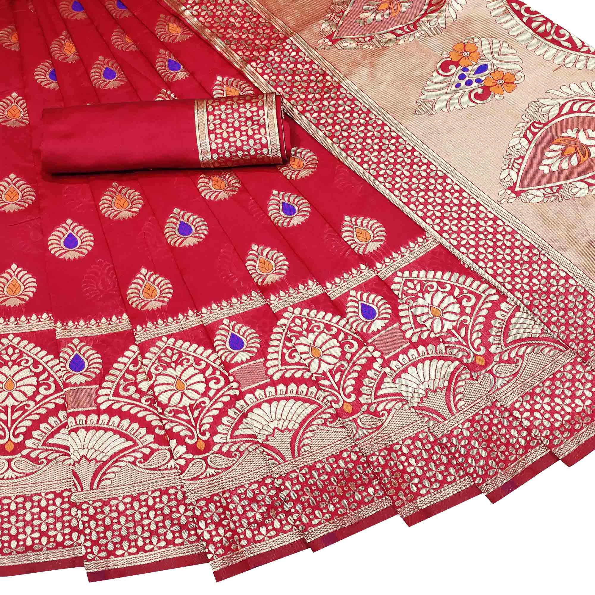 Refreshing Red Colored Festive Wear Woven Litchi Jacquard Silk Saree - Peachmode