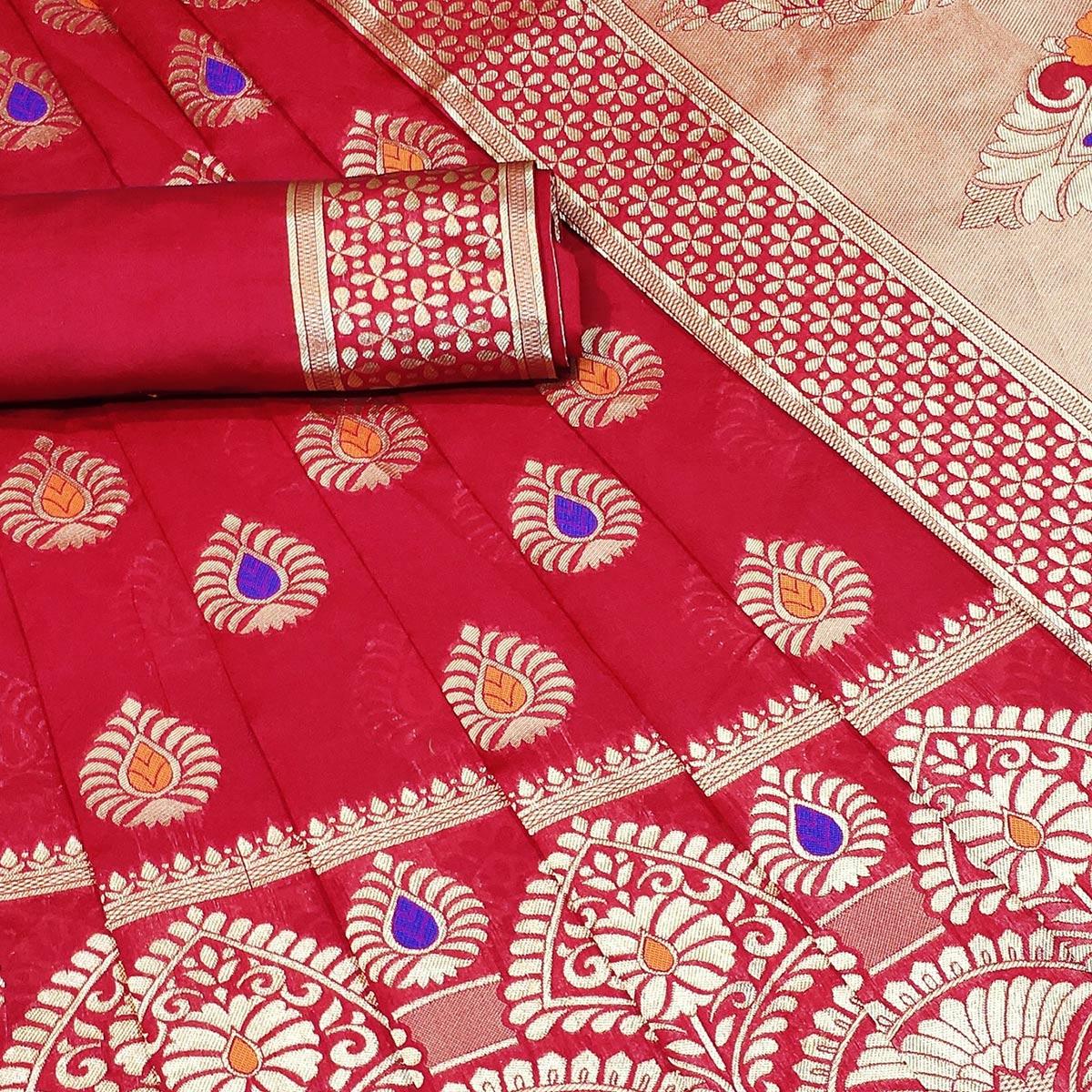 Refreshing Red Colored Festive Wear Woven Litchi Jacquard Silk Saree - Peachmode