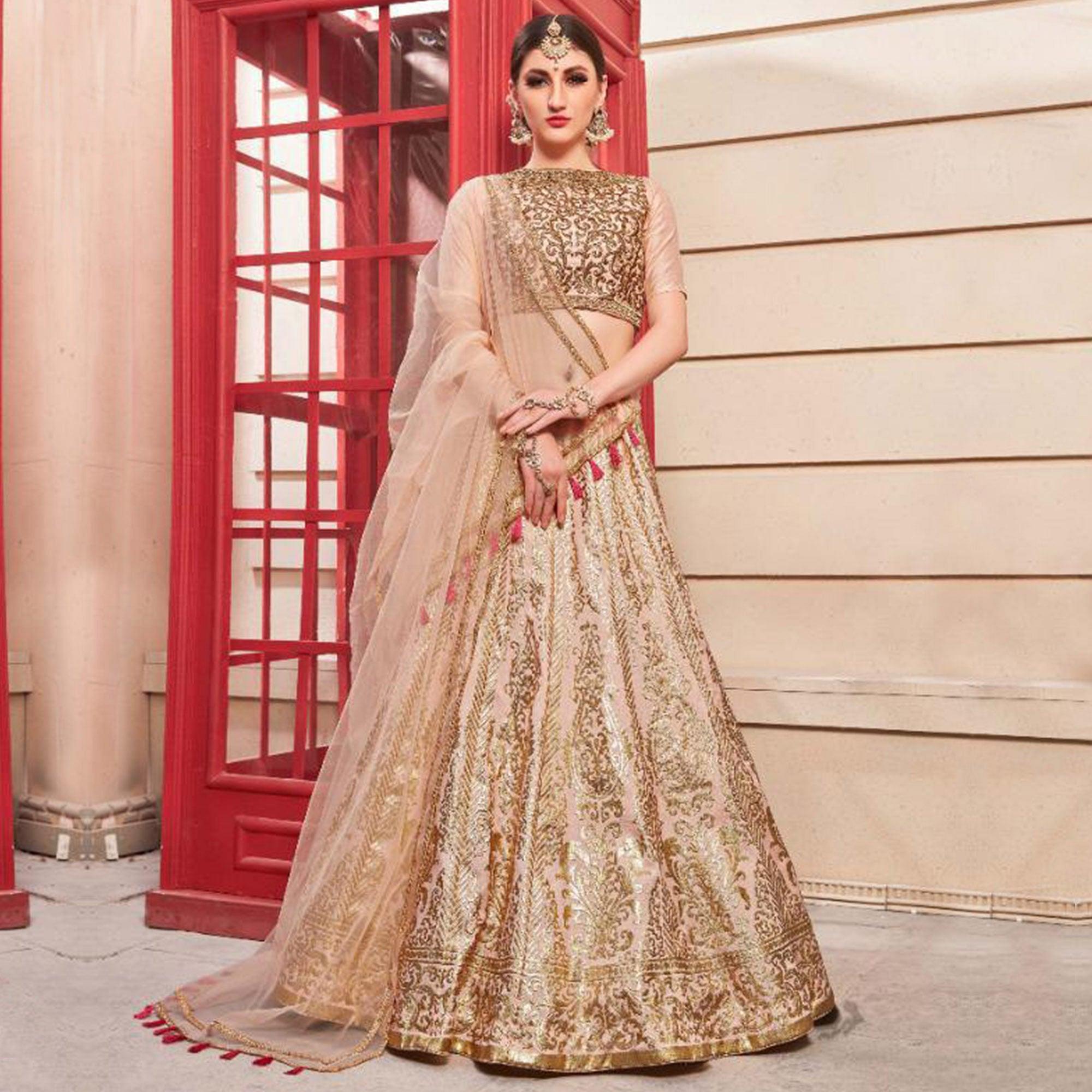 Refreshing Salmon Pink Colored Party Wear Foil Print Thai Silk Lehenga Choli - Peachmode