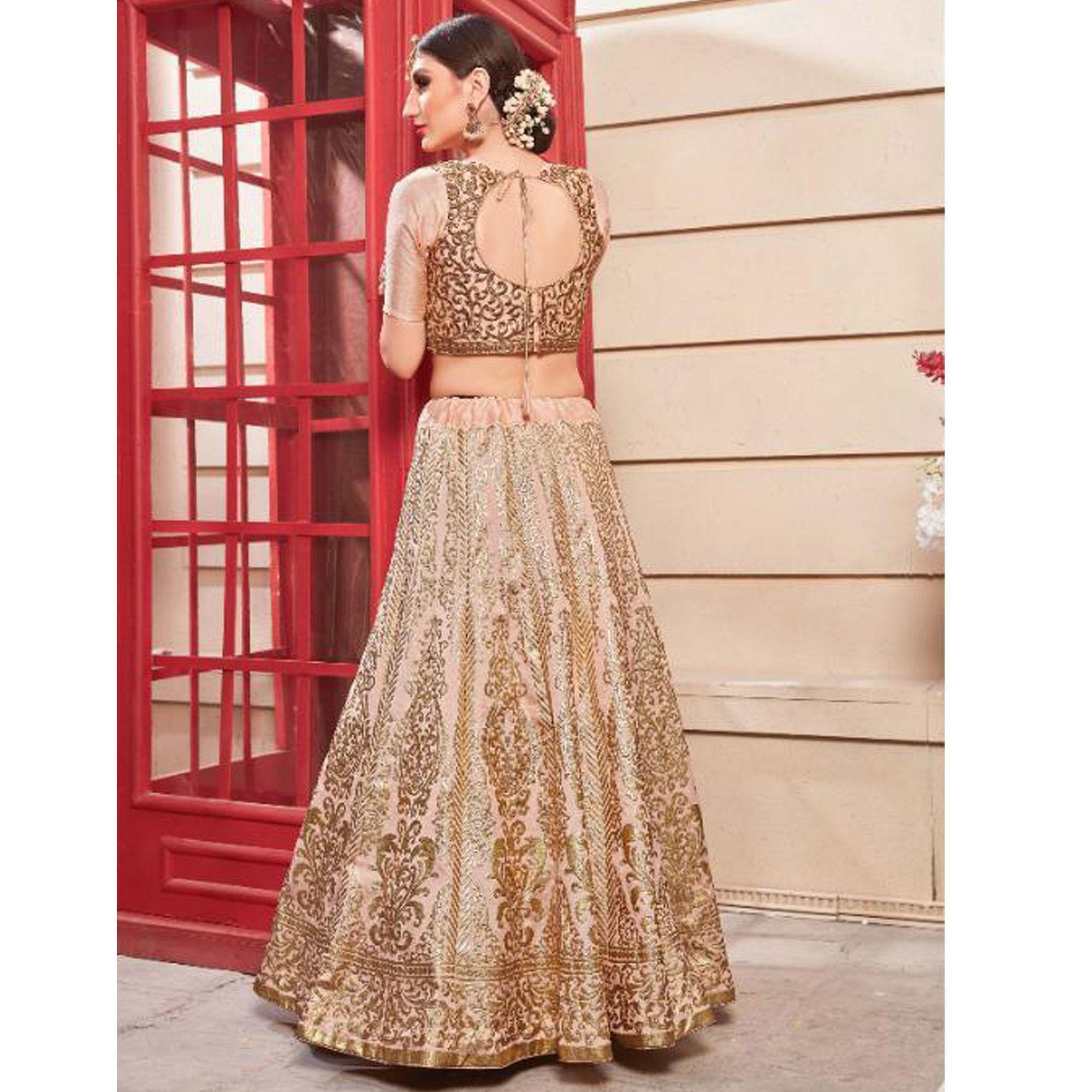 Refreshing Salmon Pink Colored Party Wear Foil Print Thai Silk Lehenga Choli - Peachmode