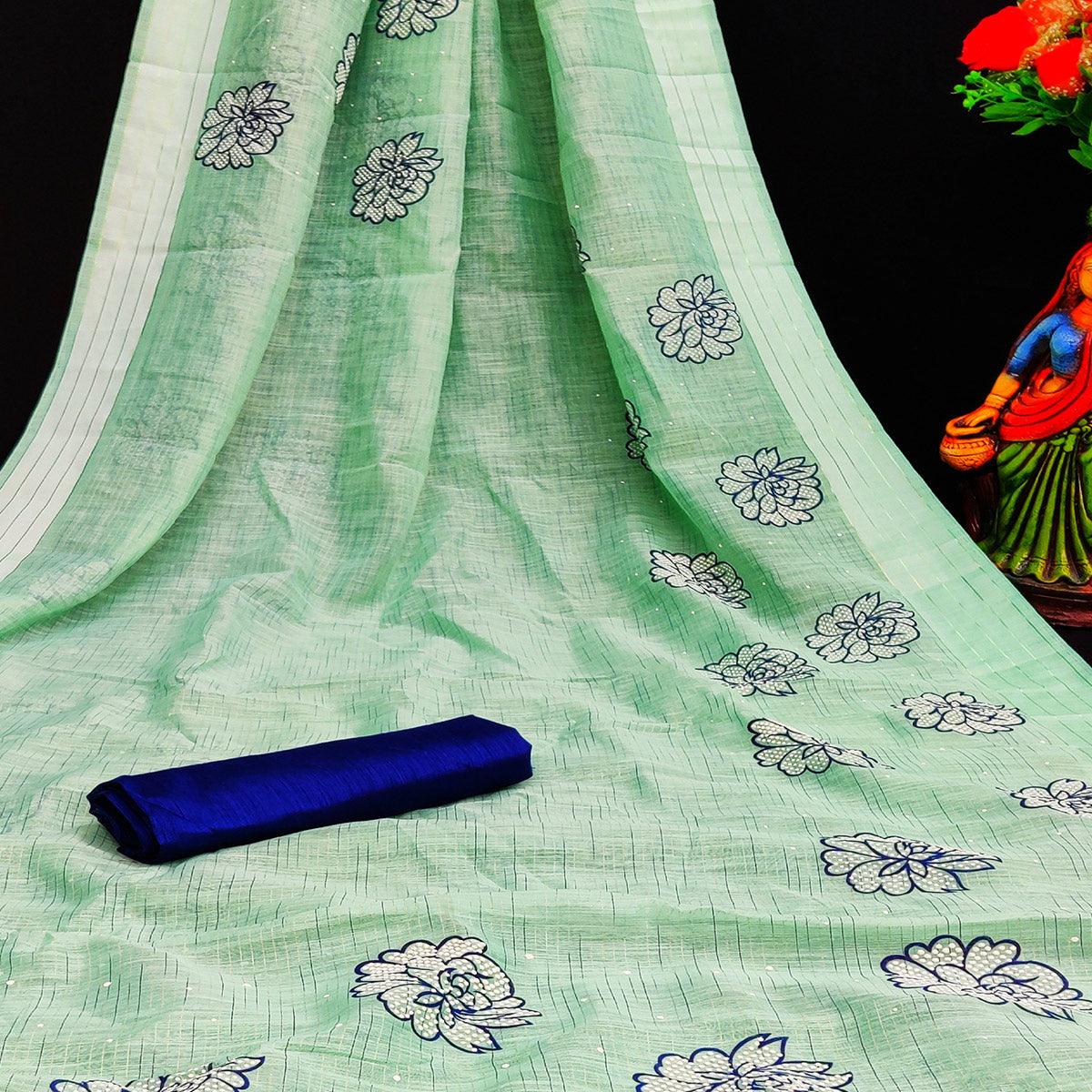 Refreshing Sea Green Coloured Striped Pattern Printed Casual Wear Cotton Saree - Peachmode