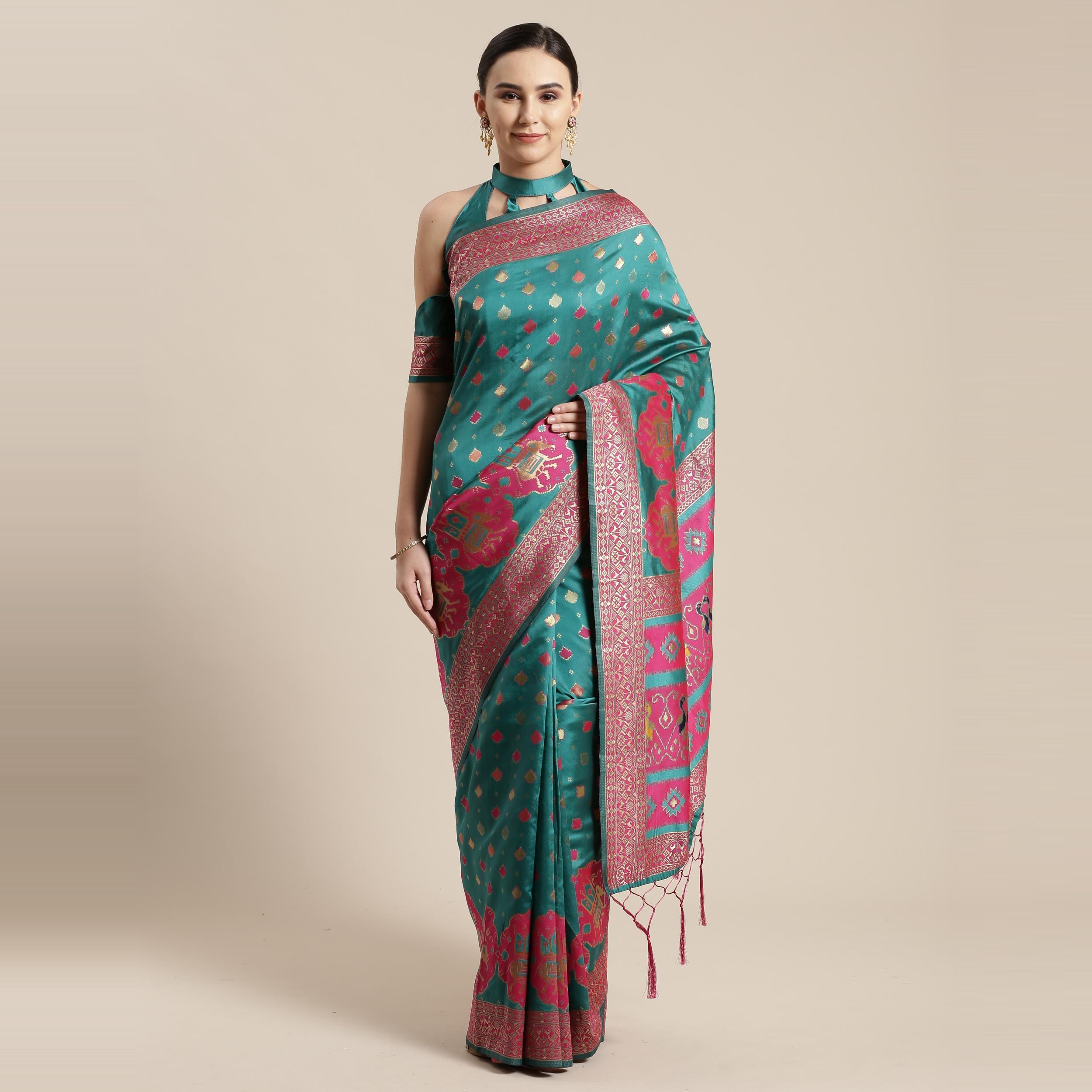Refreshing Teal Green Colored Festive Wear Woven Silk Belnd Saree With Tassels - Peachmode