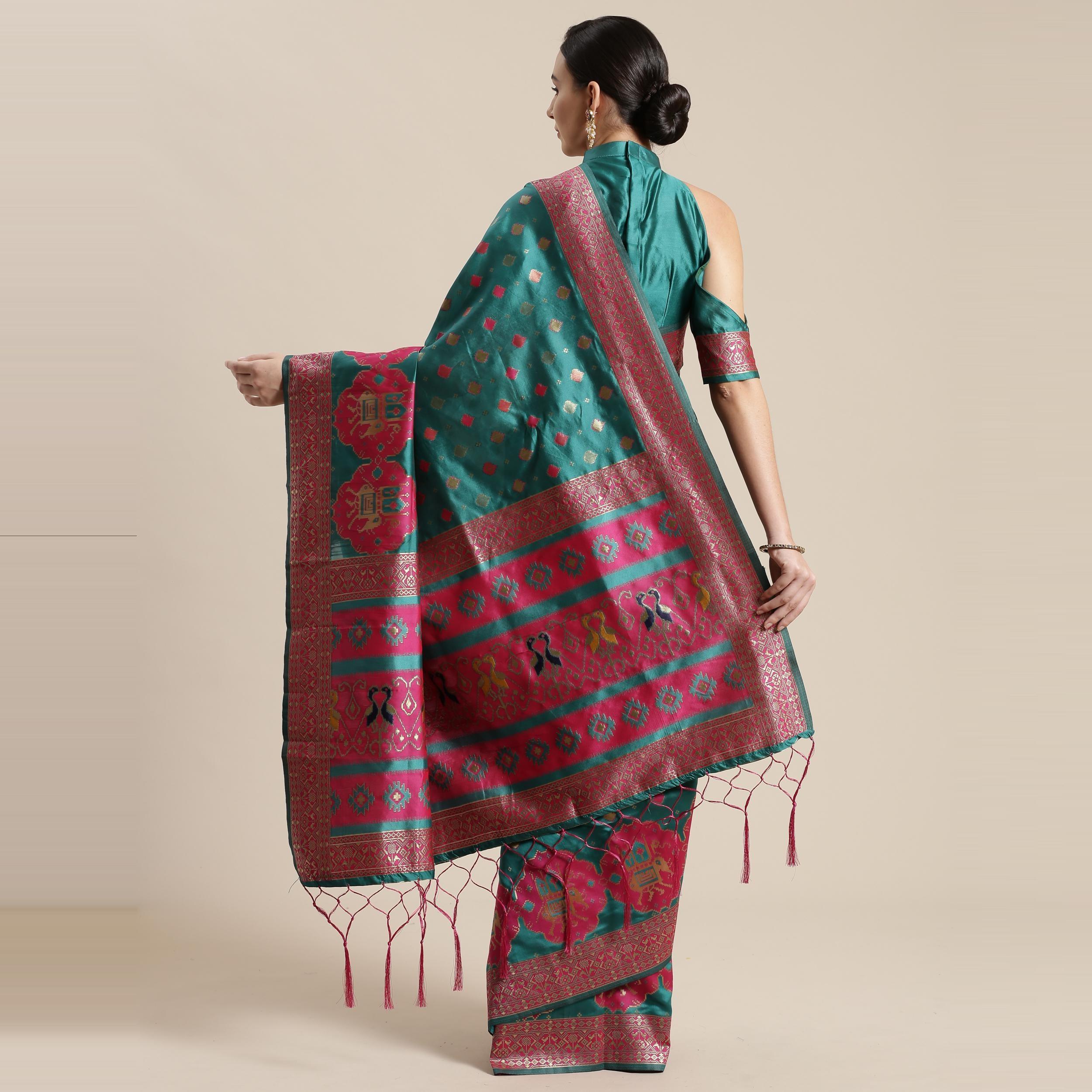 Refreshing Teal Green Colored Festive Wear Woven Silk Belnd Saree With Tassels - Peachmode