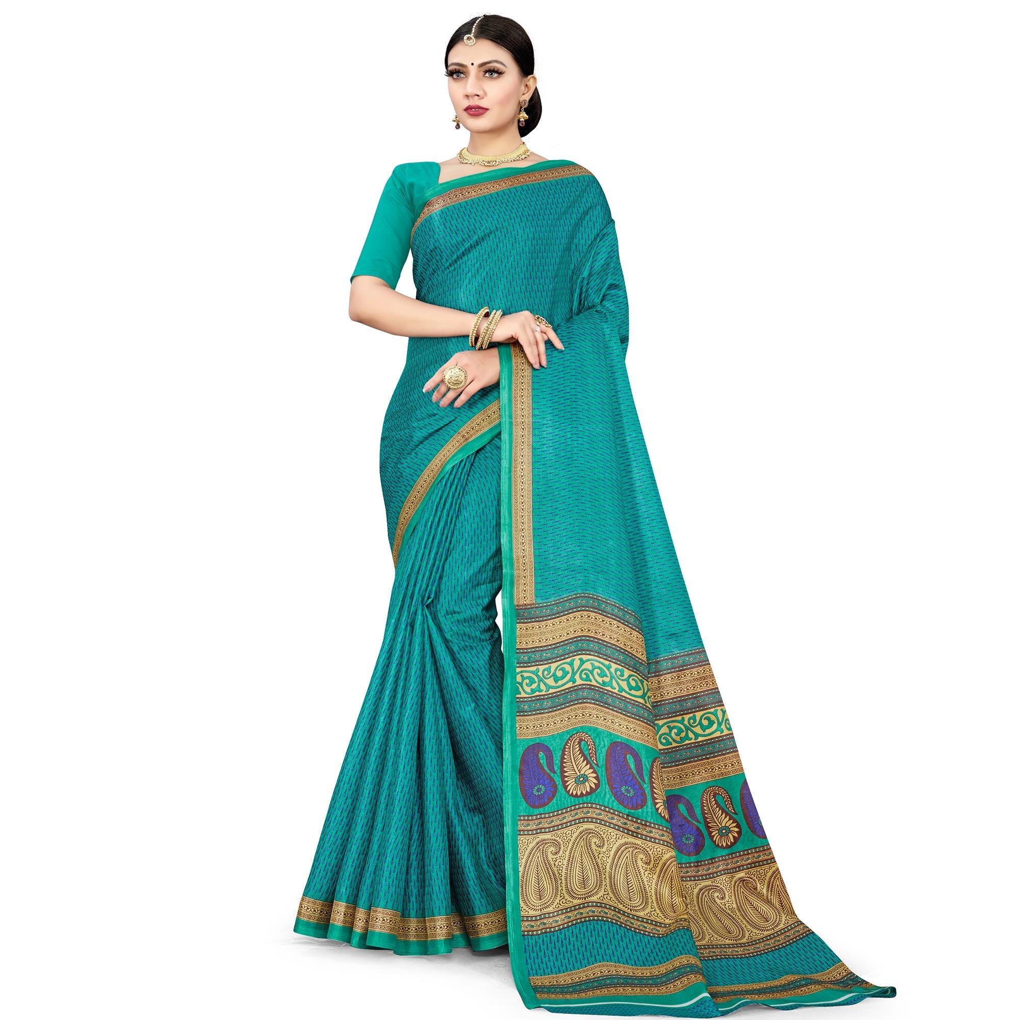 Refreshing Turquoise Blue Colored Casual Wear Printed Cotton Silk Saree - Peachmode