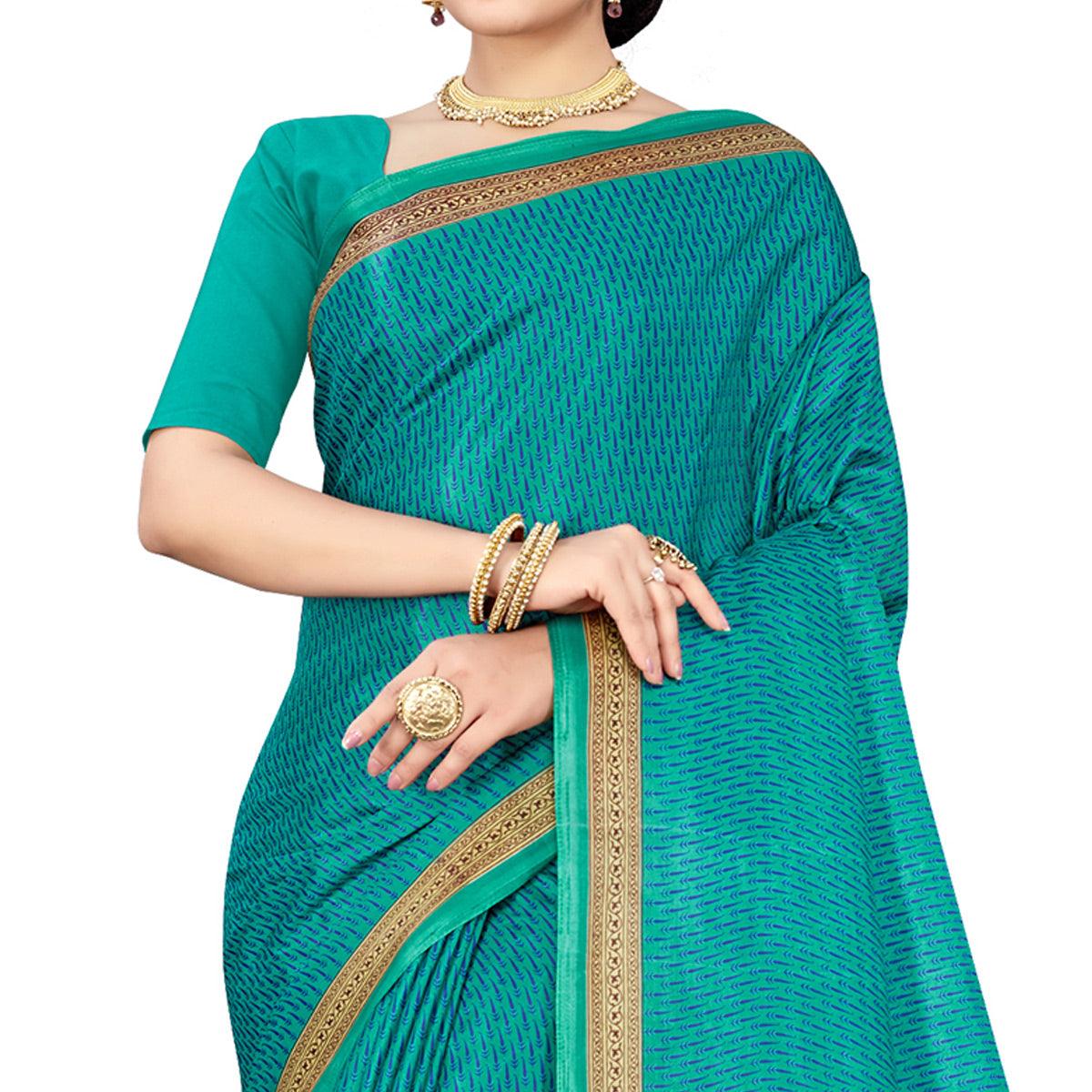 Refreshing Turquoise Blue Colored Casual Wear Printed Cotton Silk Saree - Peachmode