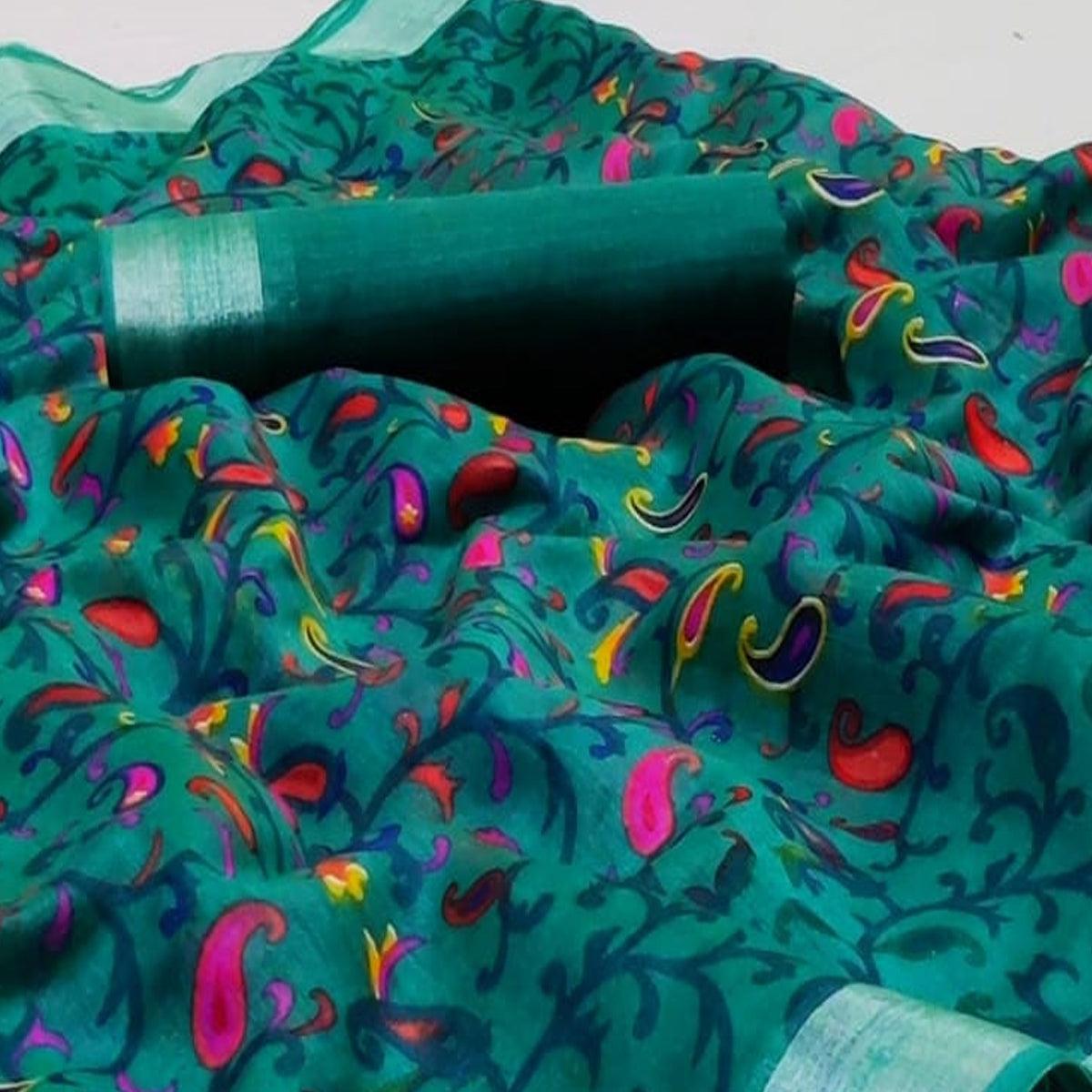 Refreshing Turquoise Green Colored Casual Wear Printed Fancy Linen Saree - Peachmode