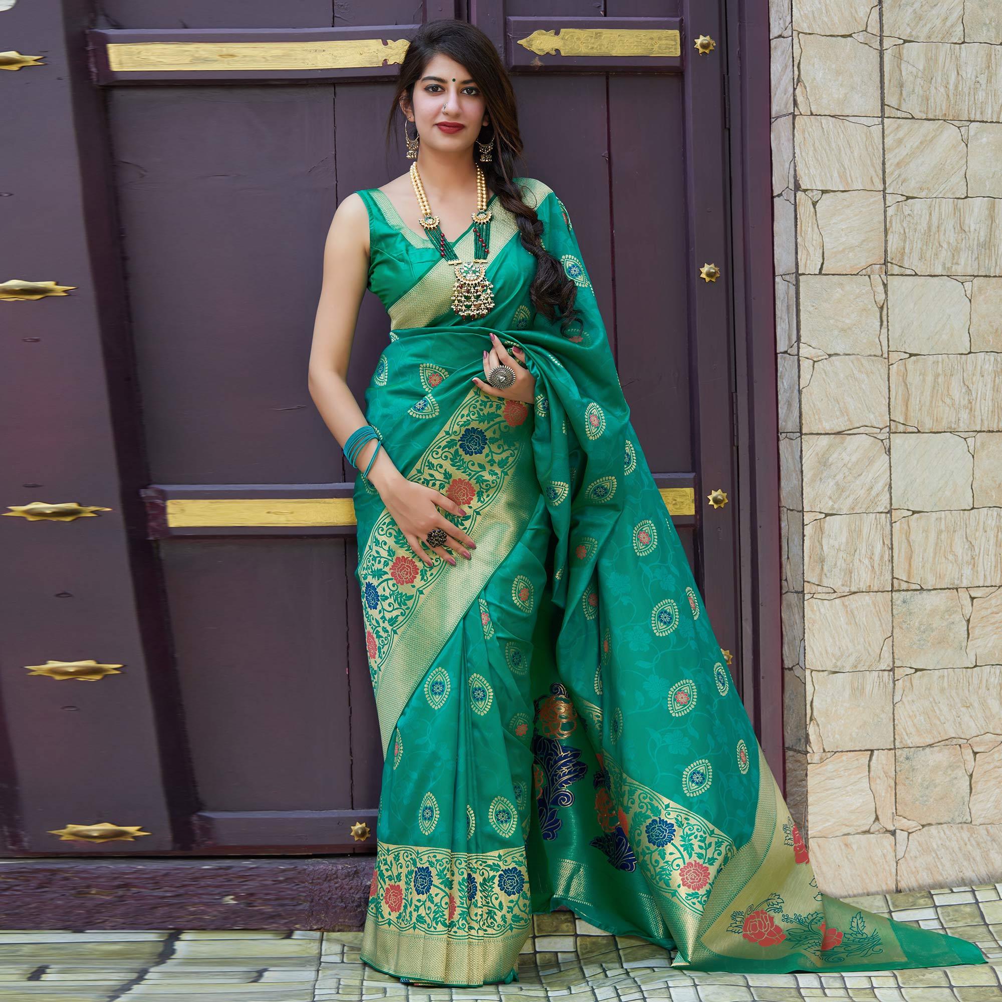 Refreshing Turquoise Green Colored Festive Wear Woven Soft Silk Saree - Peachmode