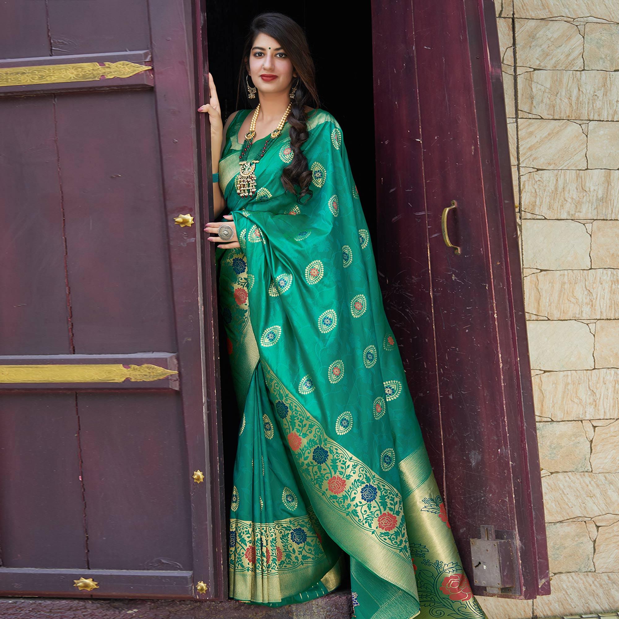 Refreshing Turquoise Green Colored Festive Wear Woven Soft Silk Saree - Peachmode