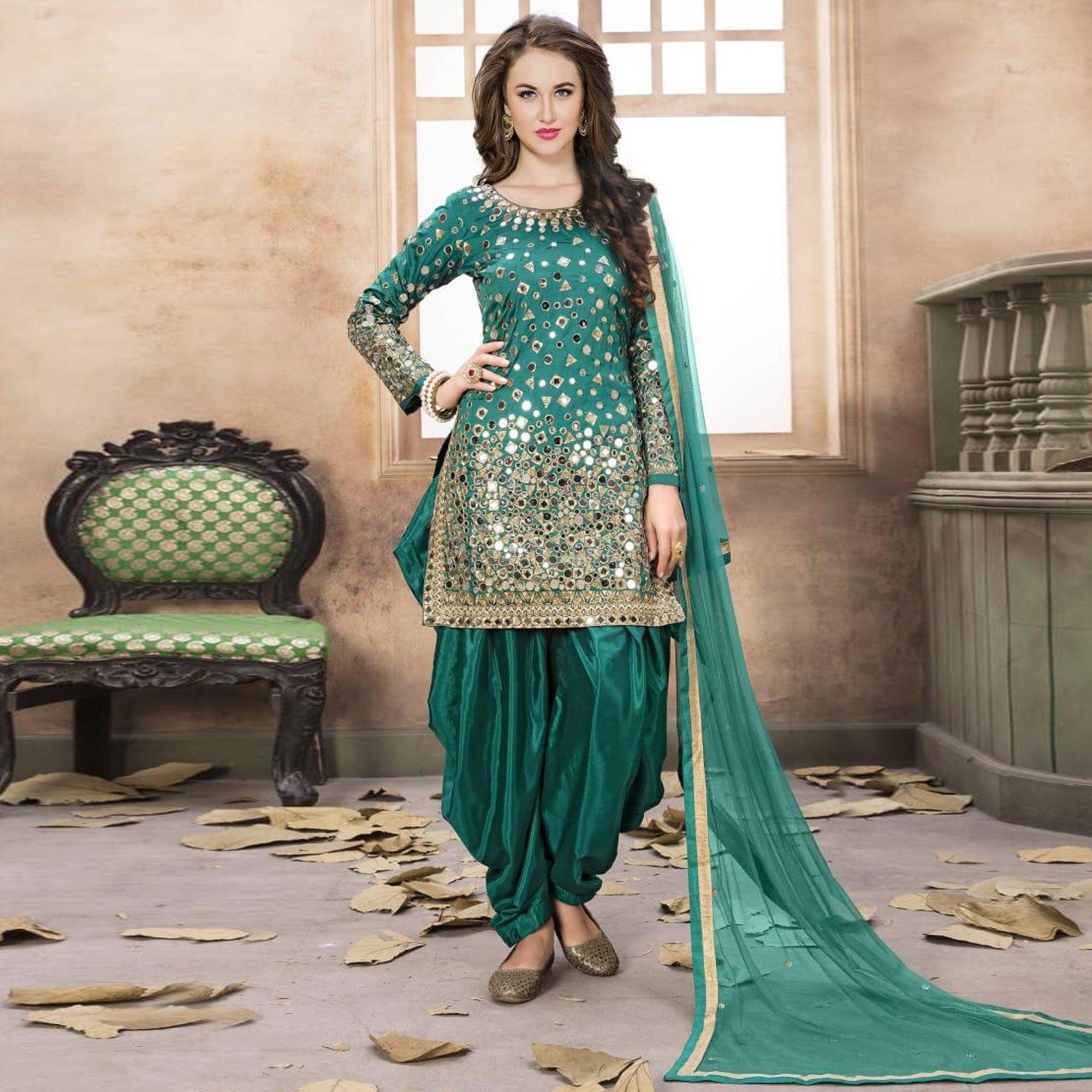 Refreshing Turquoise Green Colored Partywear Embroidered Tapeta Silk Patiala Suit - Peachmode