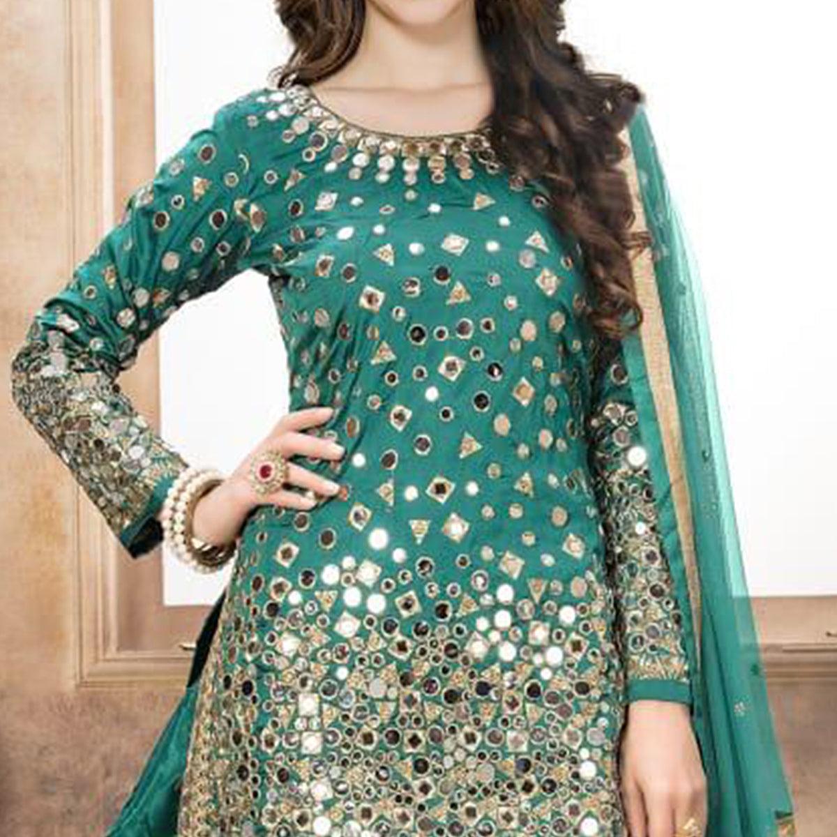 Refreshing Turquoise Green Colored Partywear Embroidered Tapeta Silk Patiala Suit - Peachmode