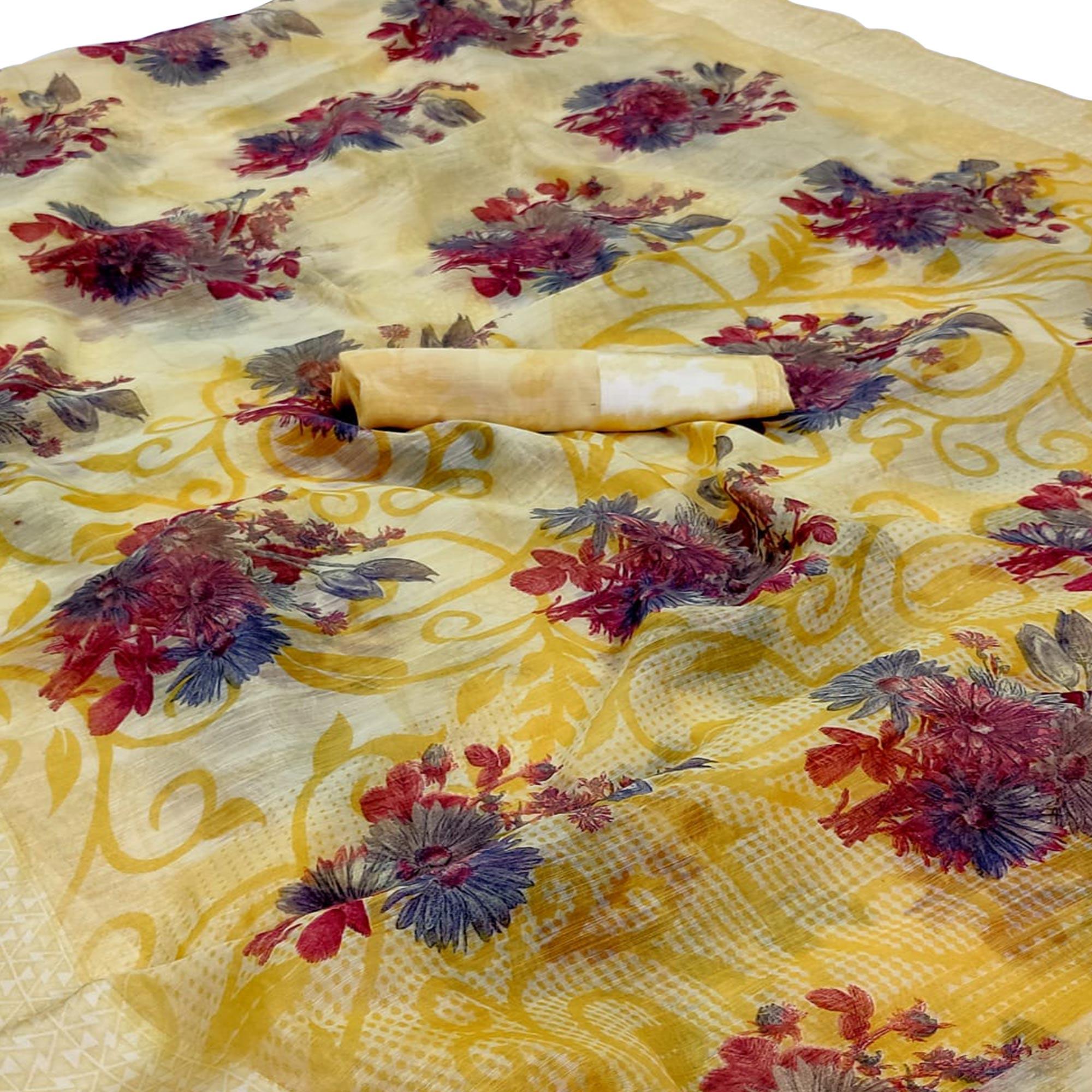 Refreshing Yellow Colored Casual Wear Floral Printed Linen Saree - Peachmode