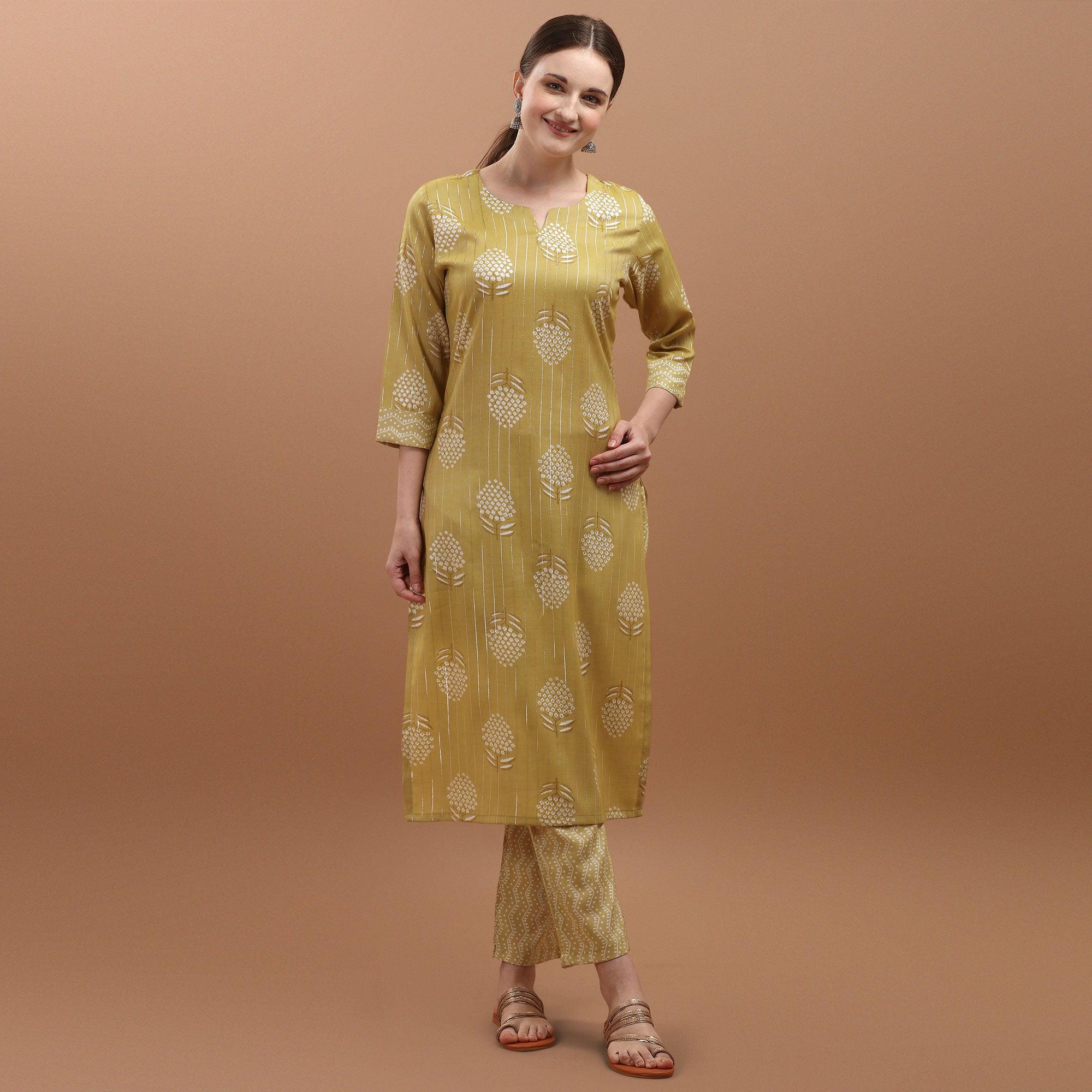 Refreshing Yellow Colored Casual Wear Silver Zari Foil Printed Rayon Slub Kurti - Pant Set - Peachmode