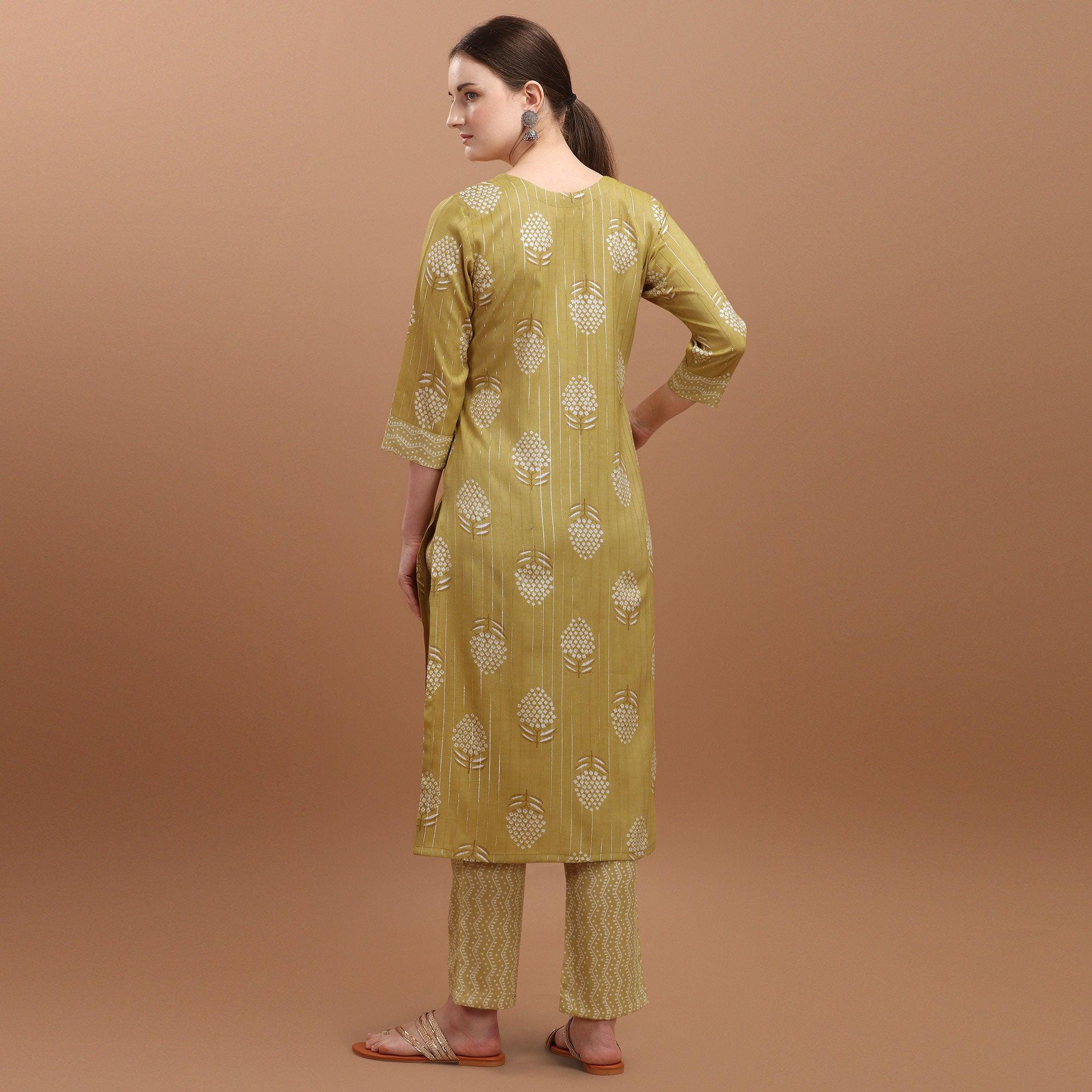 Refreshing Yellow Colored Casual Wear Silver Zari Foil Printed Rayon Slub Kurti - Pant Set - Peachmode