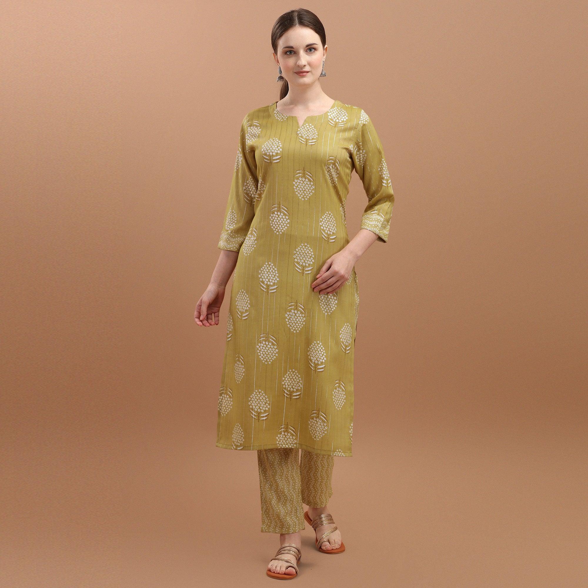 Refreshing Yellow Colored Casual Wear Silver Zari Foil Printed Rayon Slub Kurti - Pant Set - Peachmode