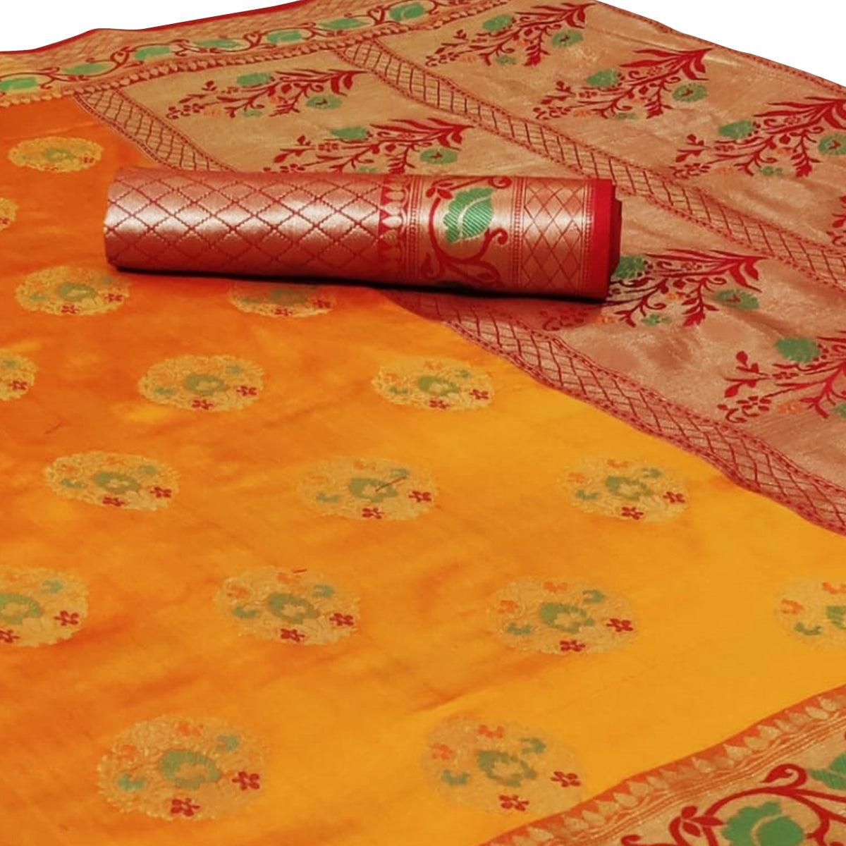 Refreshing Yellow Colored Festive Wear Woven Silk Saree - Peachmode