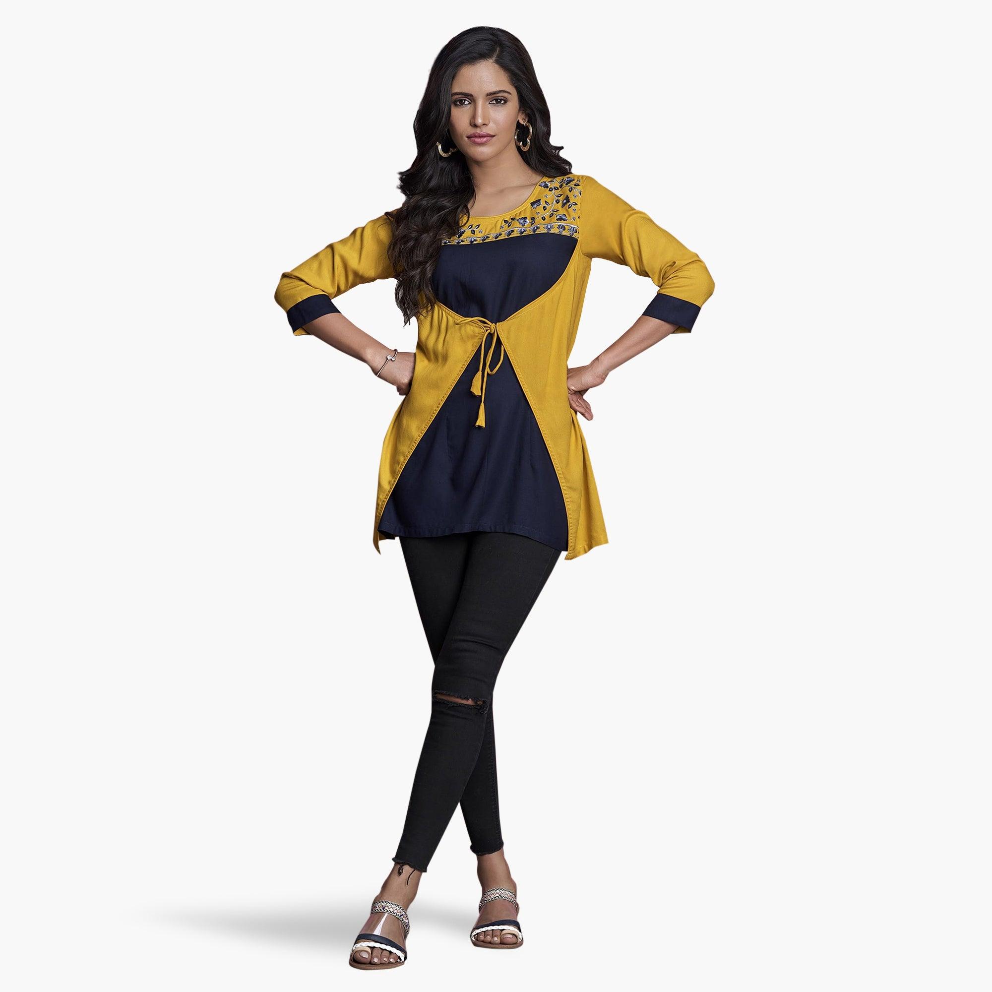 Refreshing Yellow-Navy Blue Colored Partywear Embroidered Rayon Western Top - Peachmode