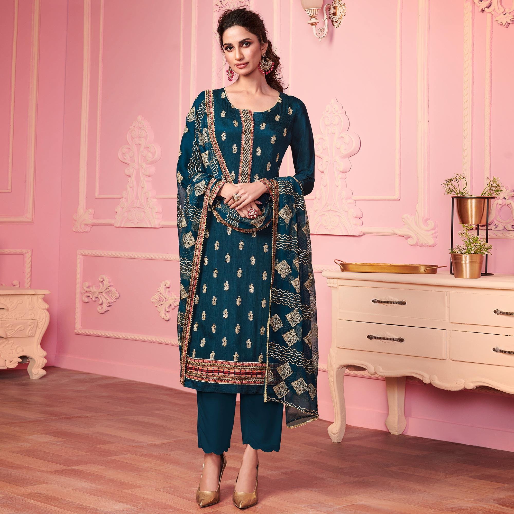 Retro Blue Partywear Thread Embroidered Alizeh Georgette Suit - Peachmode