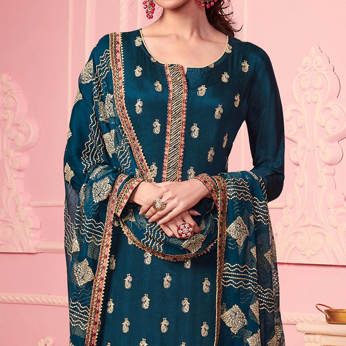 Retro Blue Partywear Thread Embroidered Alizeh Georgette Suit - Peachmode