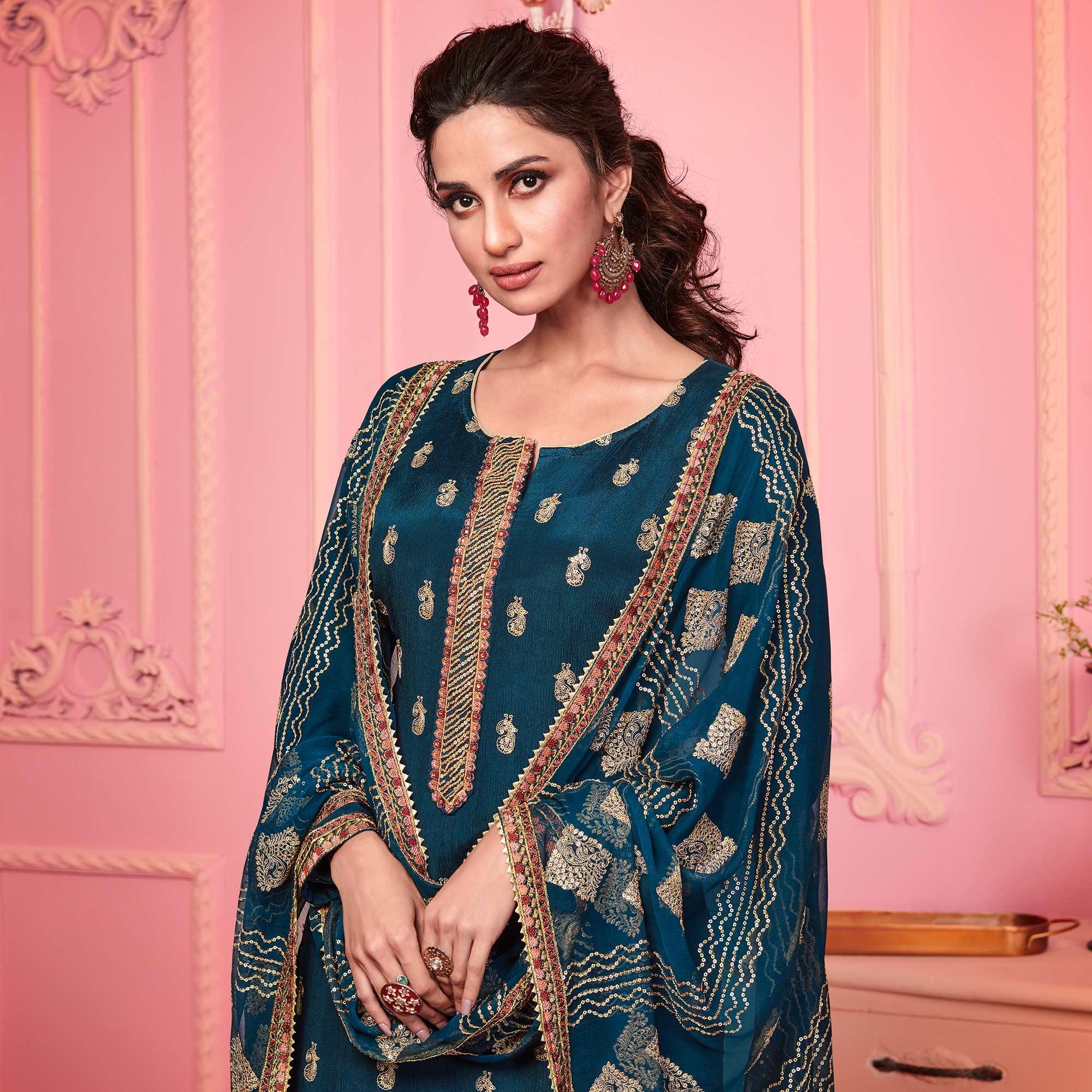 Retro Blue Partywear Thread Embroidered Alizeh Georgette Suit - Peachmode
