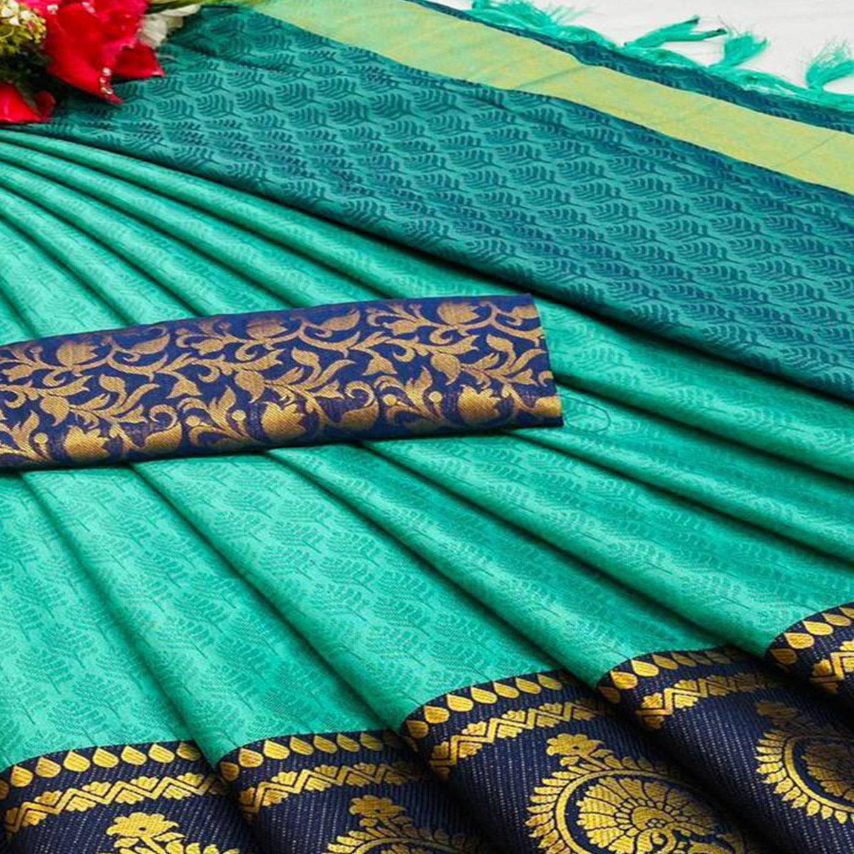 Rexona Festive Wear Woven Heavy Rich Cotton Silk Saree - Peachmode