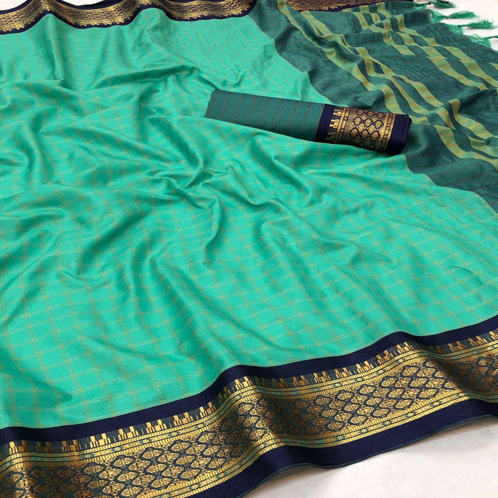 Rexona Green Festive Wear Checks With Woven Border Cotton Silk Saree - Peachmode