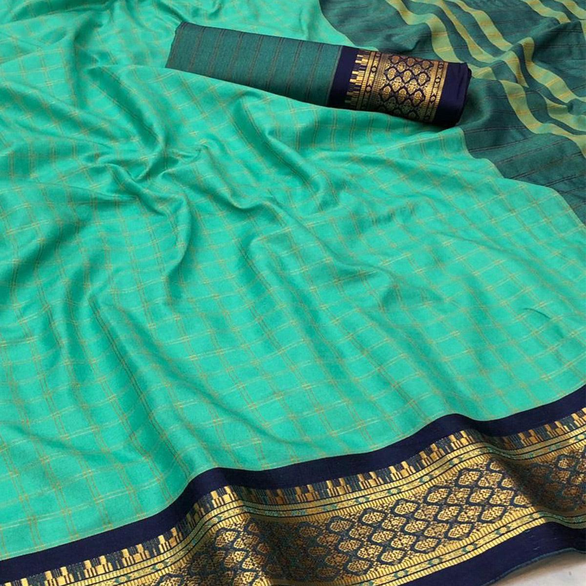 Rexona Green Festive Wear Checks With Woven Border Cotton Silk Saree - Peachmode