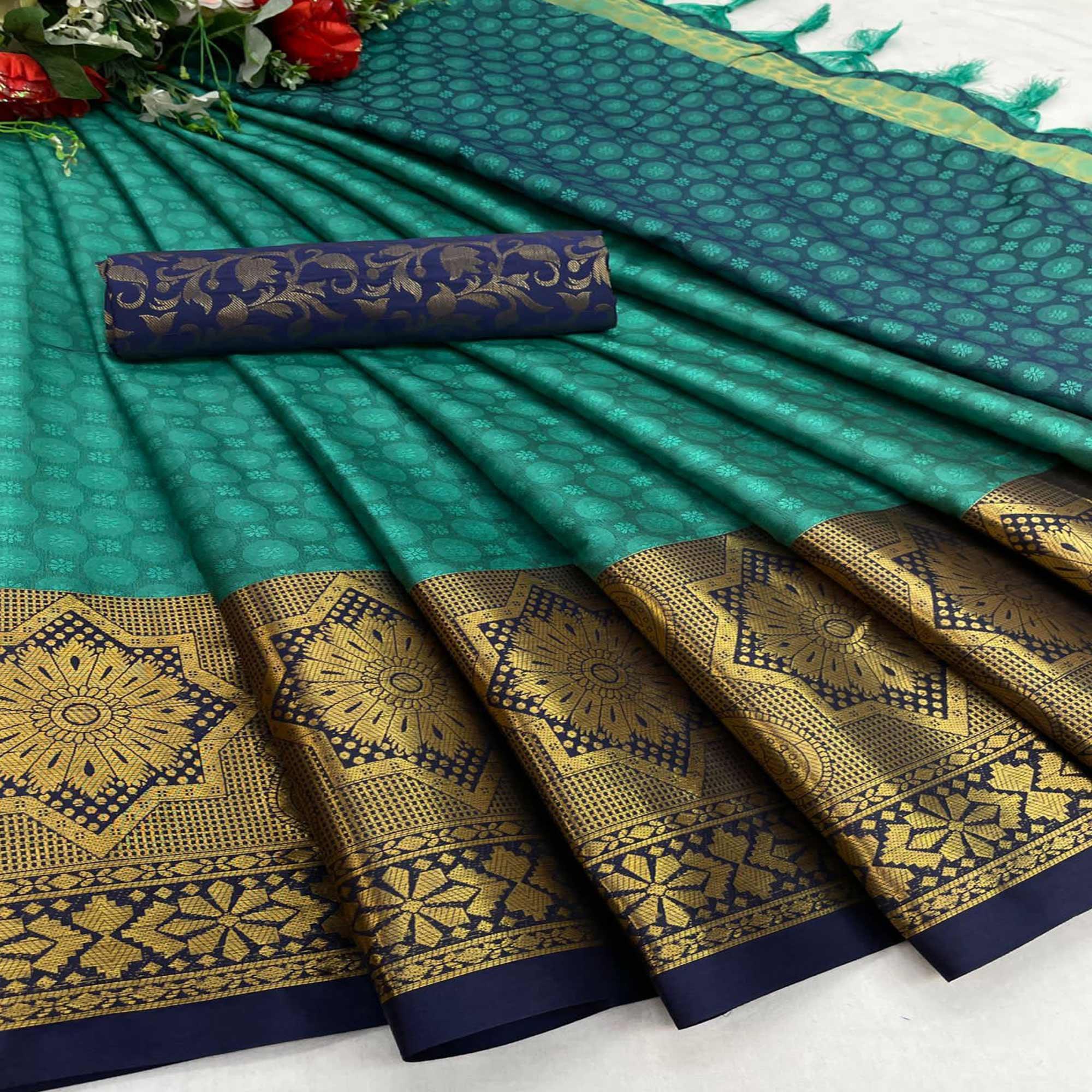 Rexona Green Festive Wear Woven Cotton Silk Saree - Peachmode