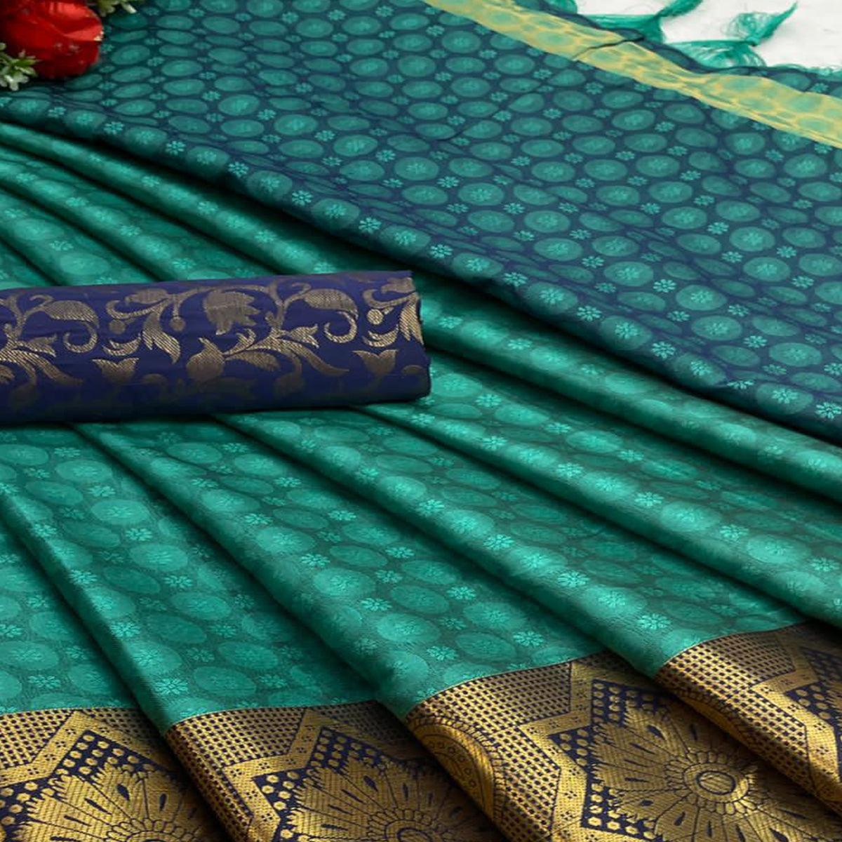 Rexona Green Festive Wear Woven Cotton Silk Saree - Peachmode