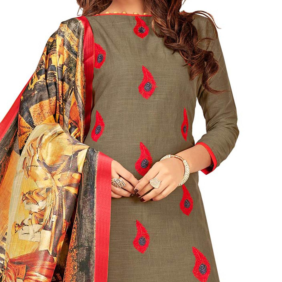 Rich Khaki Brown Colored Casual Embroidered Cotton Suit - Peachmode