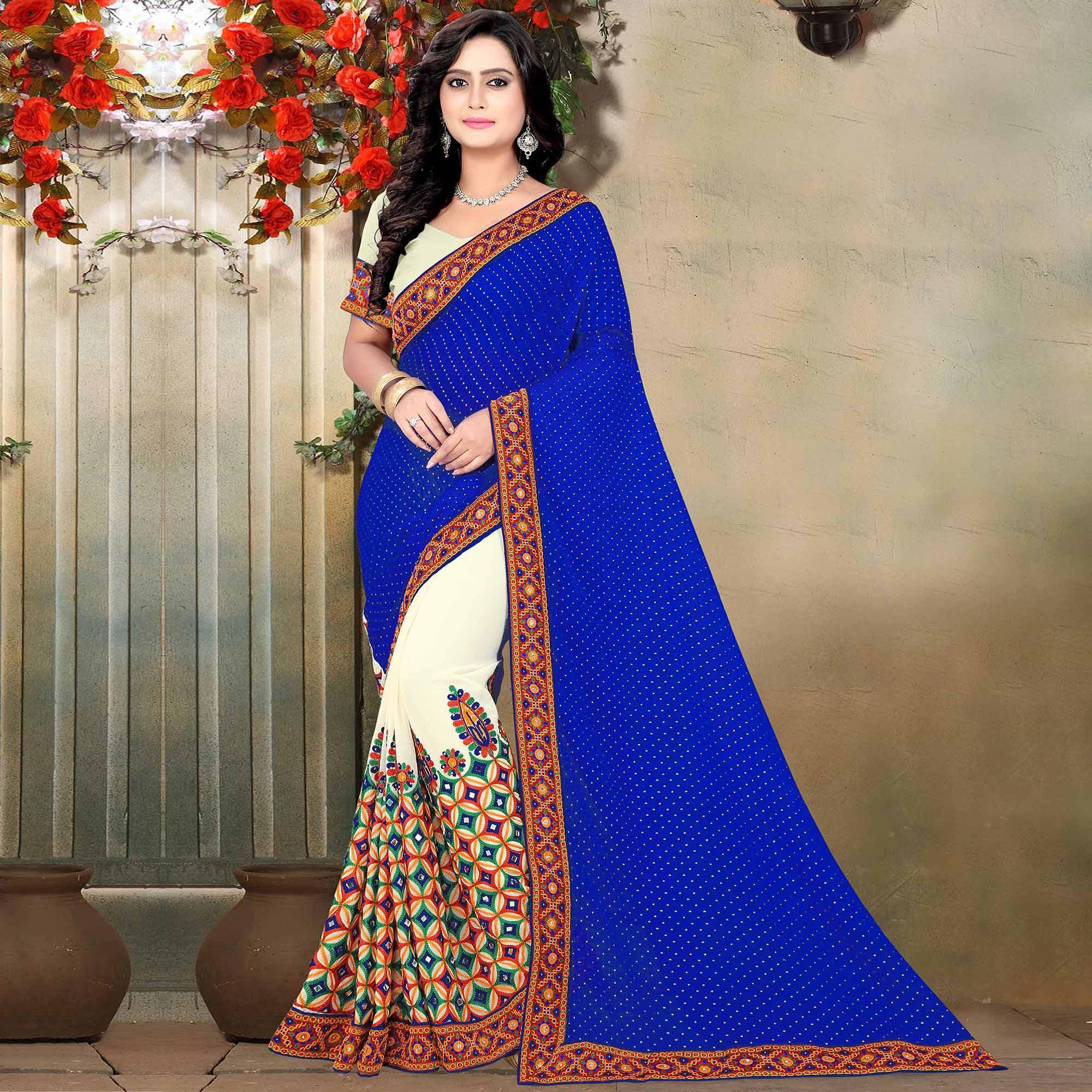 Riva Enterprise Women's Half And Half Blue And Off White Color Pallu Saree With Blouse - Peachmode
