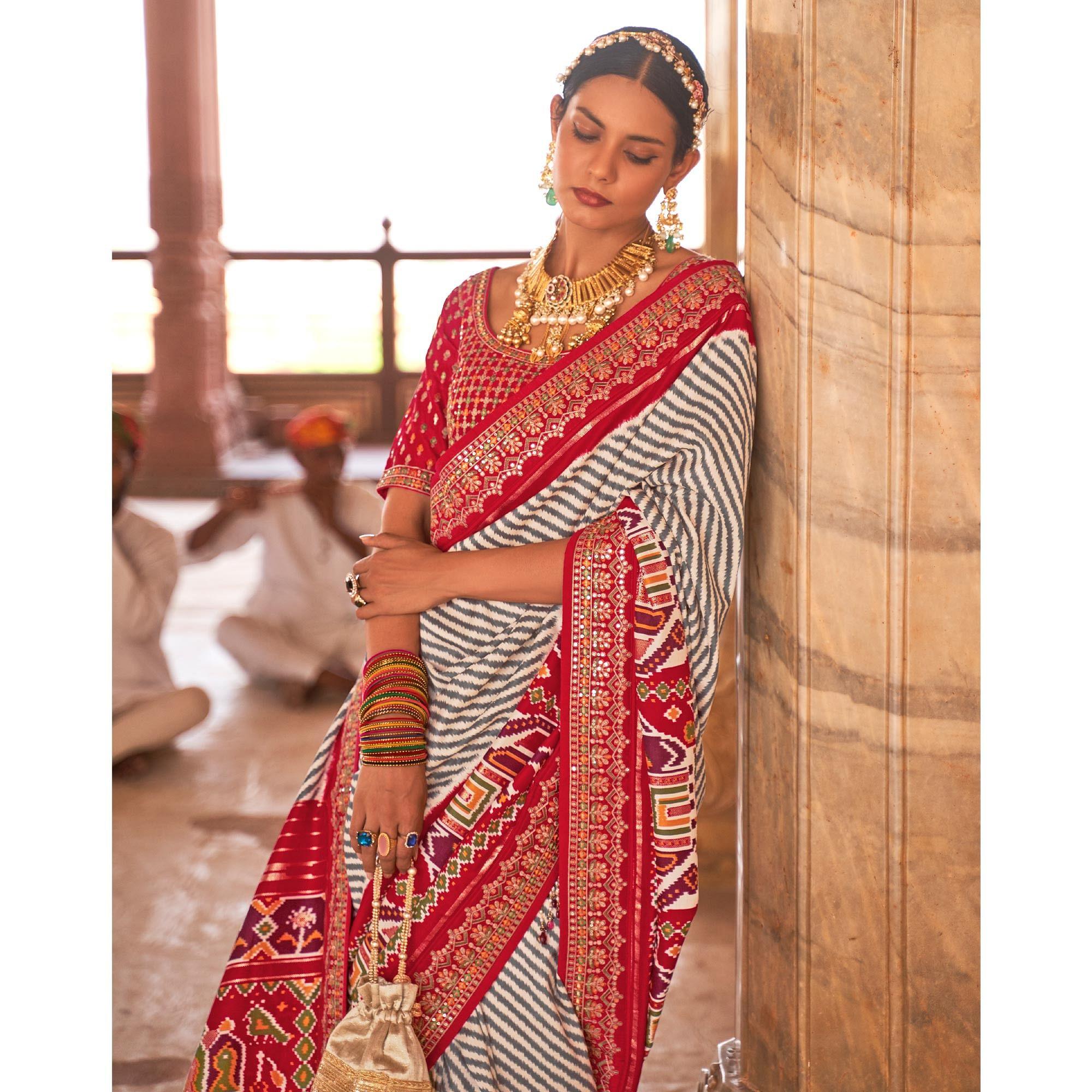 Rose Pink & Off White Patola Printed-Sequence Embroidered Pure Silk Saree - Peachmode
