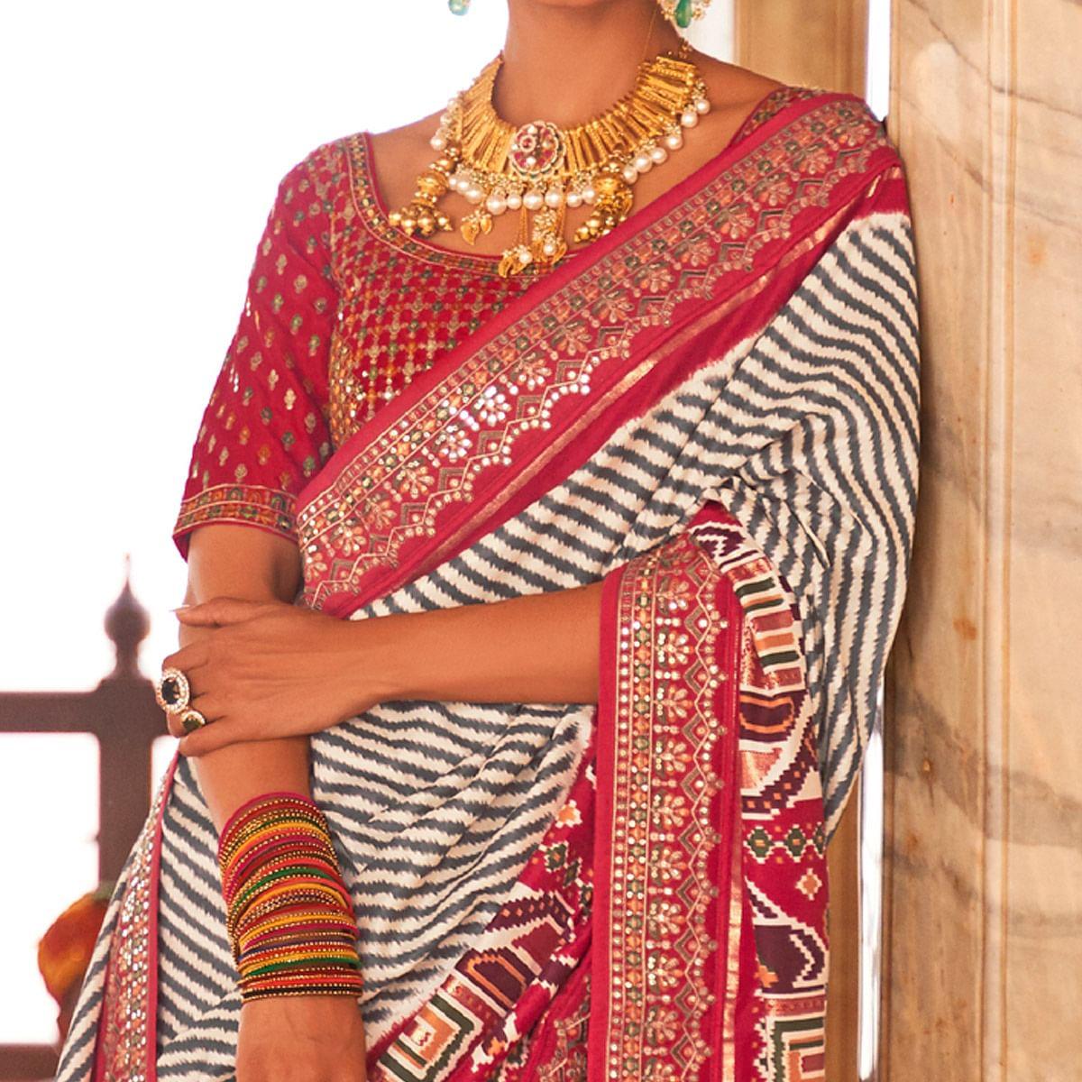 Rose Pink & Off White Patola Printed-Sequence Embroidered Pure Silk Saree - Peachmode